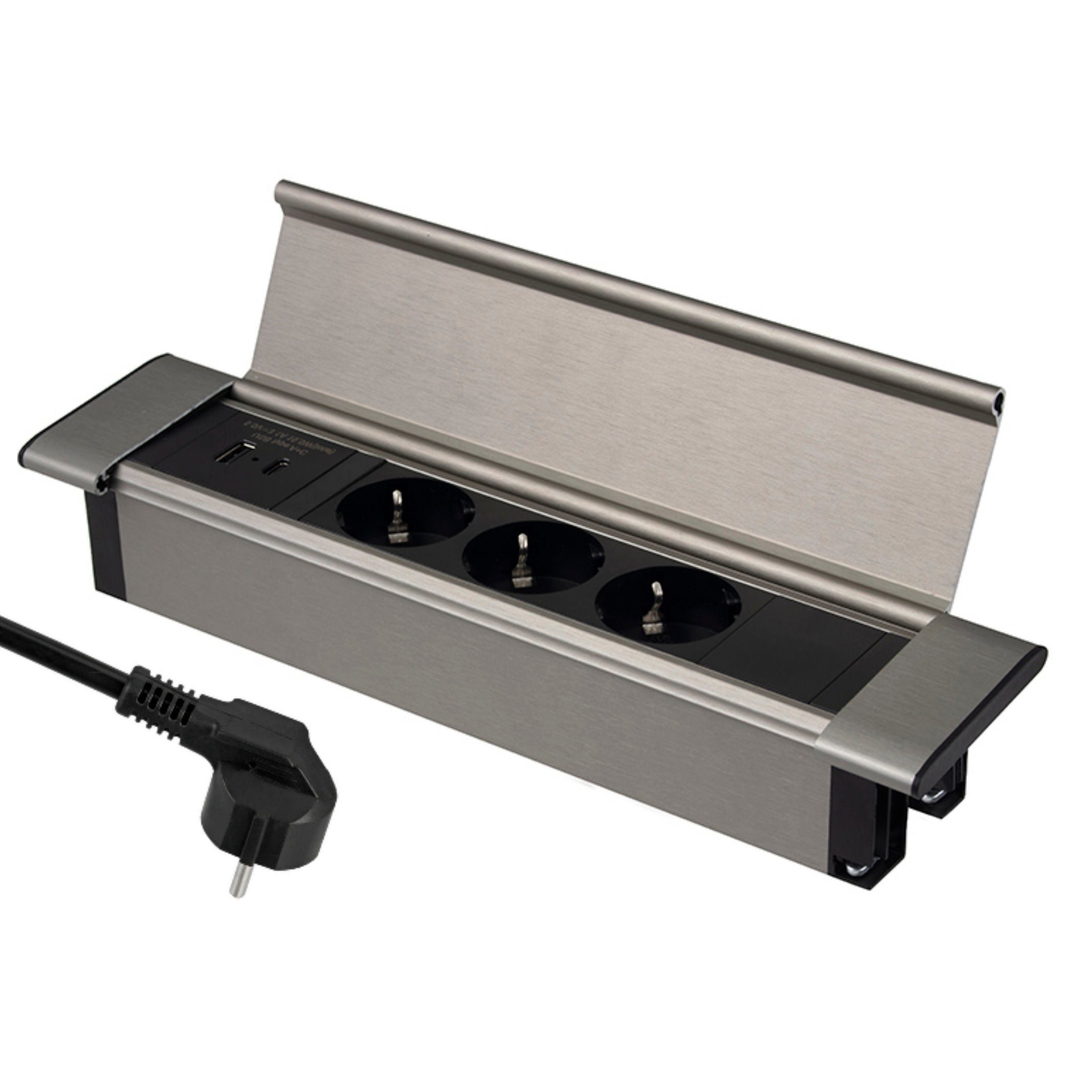 ADAKAT Einbau-Tischsteckdosenleiste 5-fach (3x Schutzkontakt-Steckdosen I 2x USB-Anschlüssen (USB-A + USB-C), Kabellänge 1.80 m)