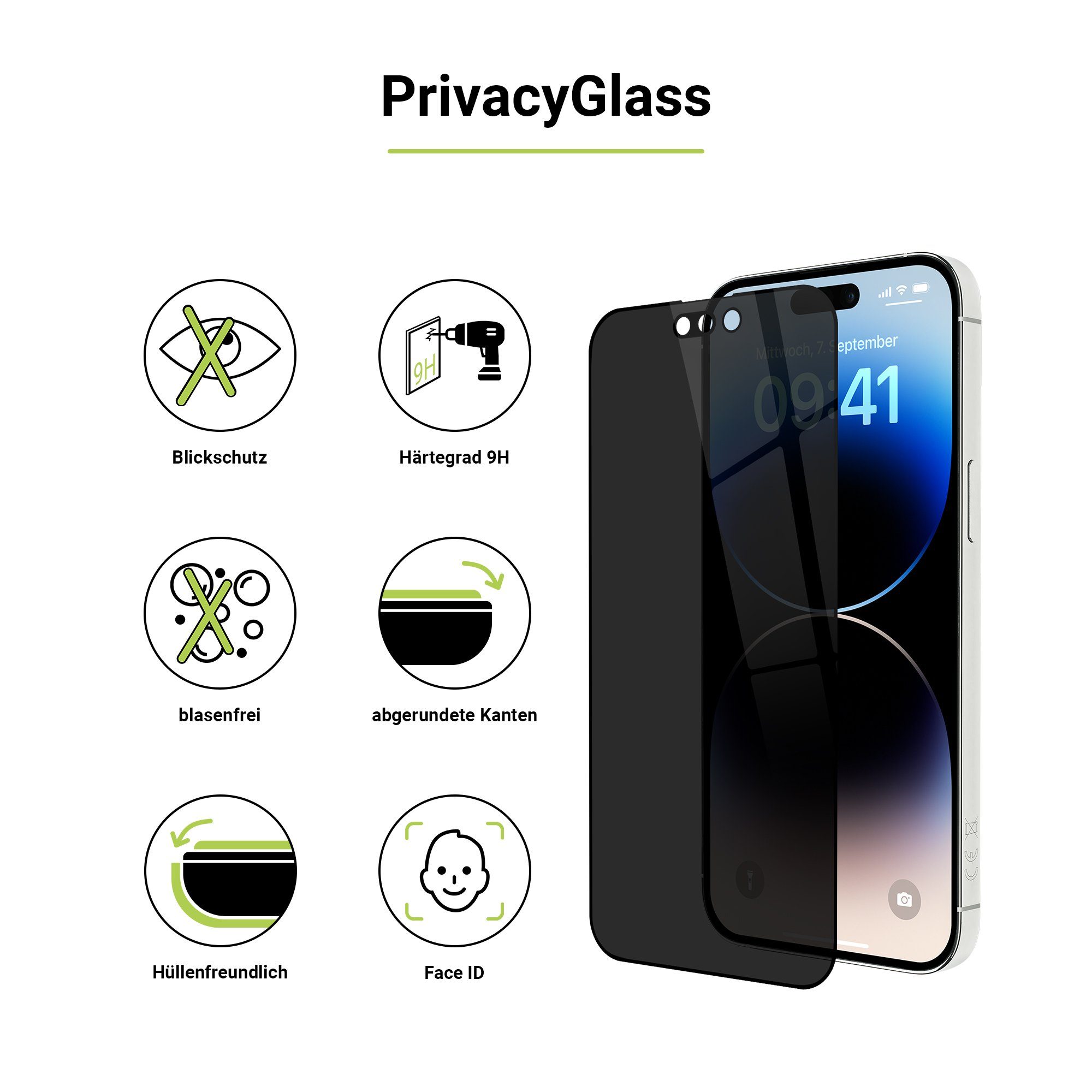 Artwizz Sichtschutzfolie PrivacyGlass, Displayschutz mit Blickschutz aus 100% Sicherheitsglas, iPhone 15