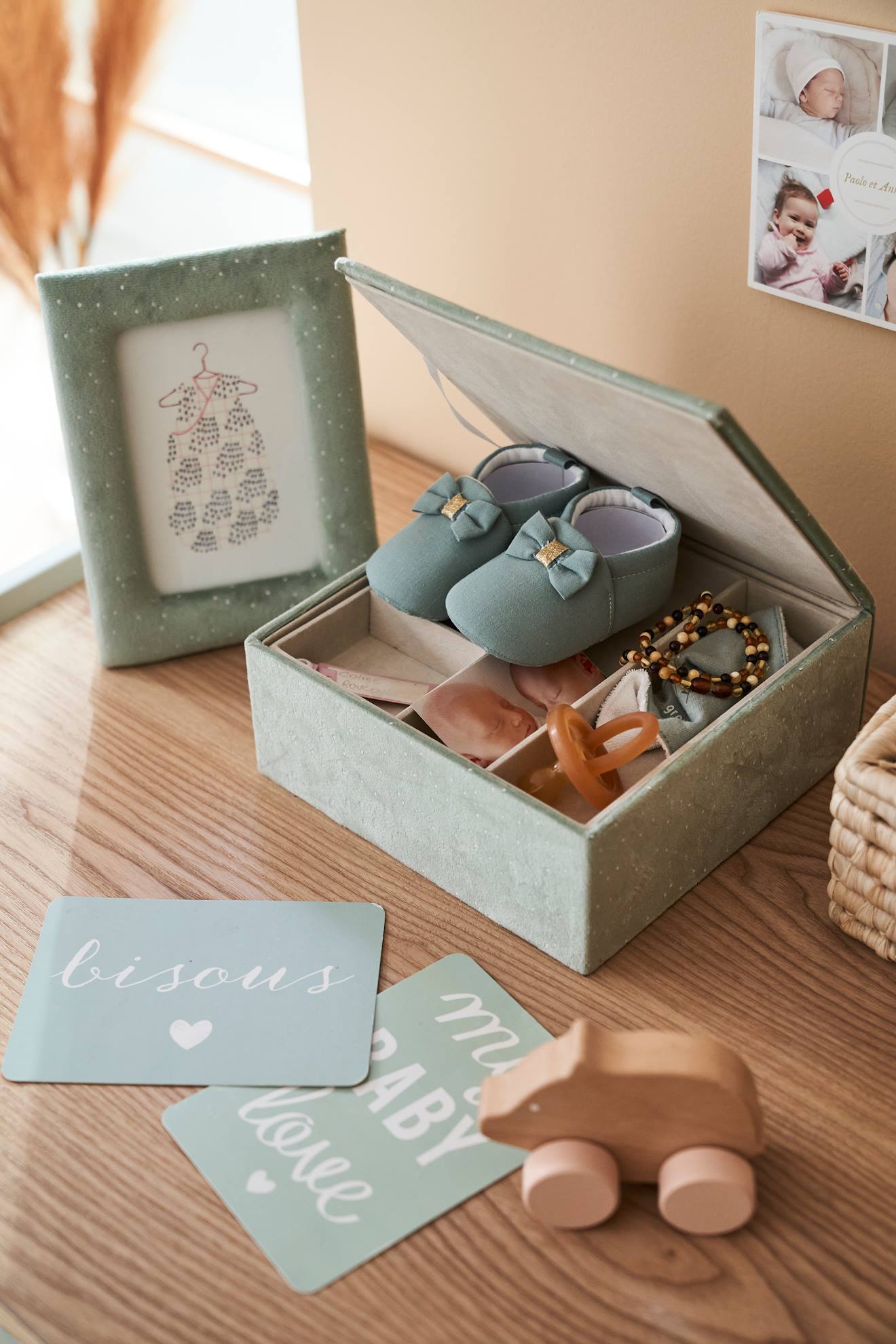 Coffret cadeau cadre + boite à compartiments en velours vert