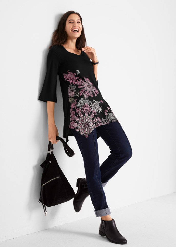 Zipfel-Longshirt mit Trompeten-Ärmel