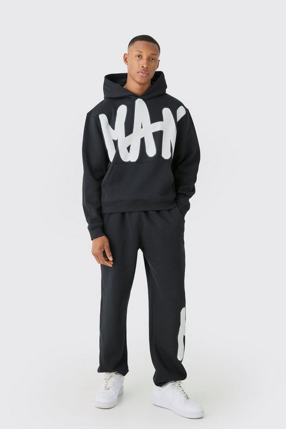 Oversize Trainingsanzug mit Kapuze und Man-Print
