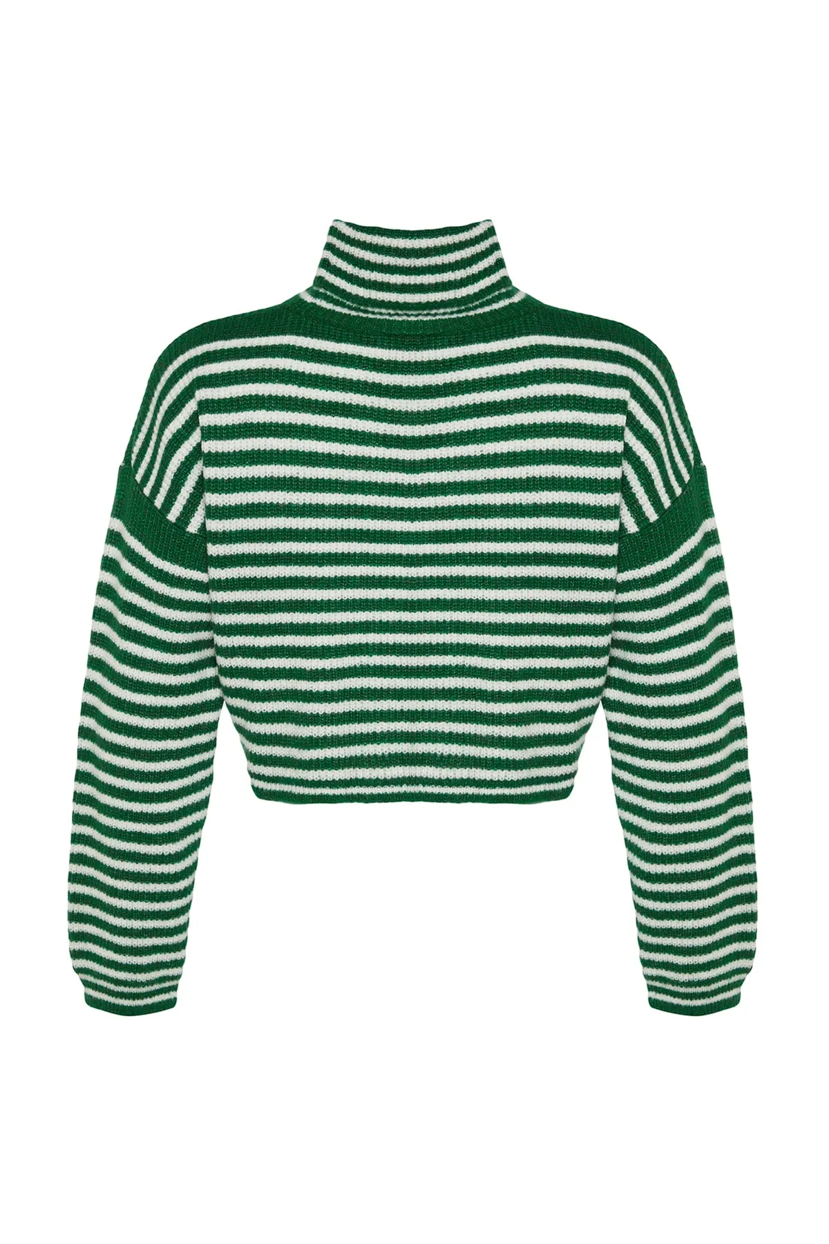 Trendyol Collection  Grüner kurzer weicher strukturierter Strickpullover mit Streifen TWOAW24KZ00583