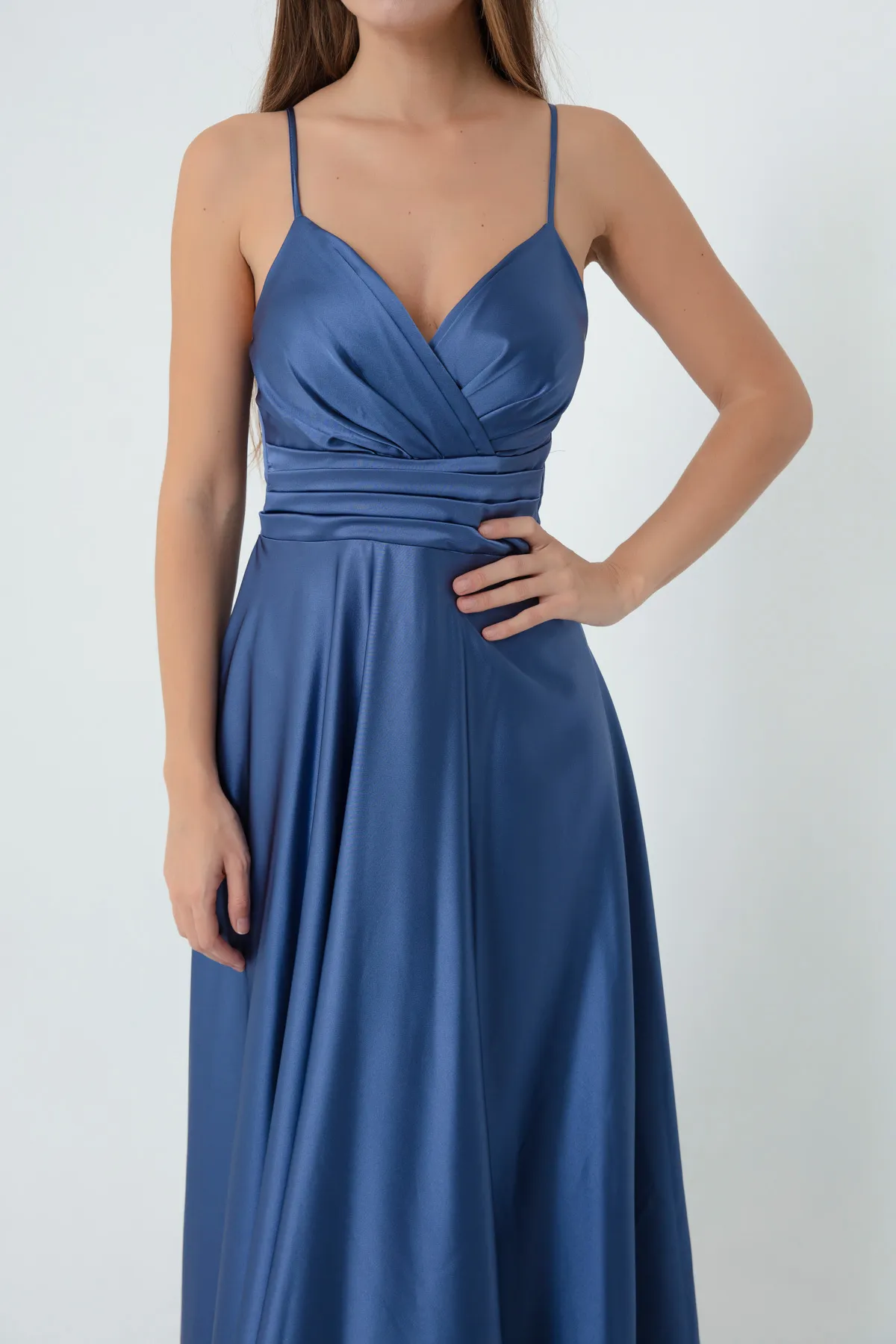 Lafaba  Damen-Abendkleid und Abschlusskleid aus Satin in Indigo-Optik mit Taillengürtel und Gürtel