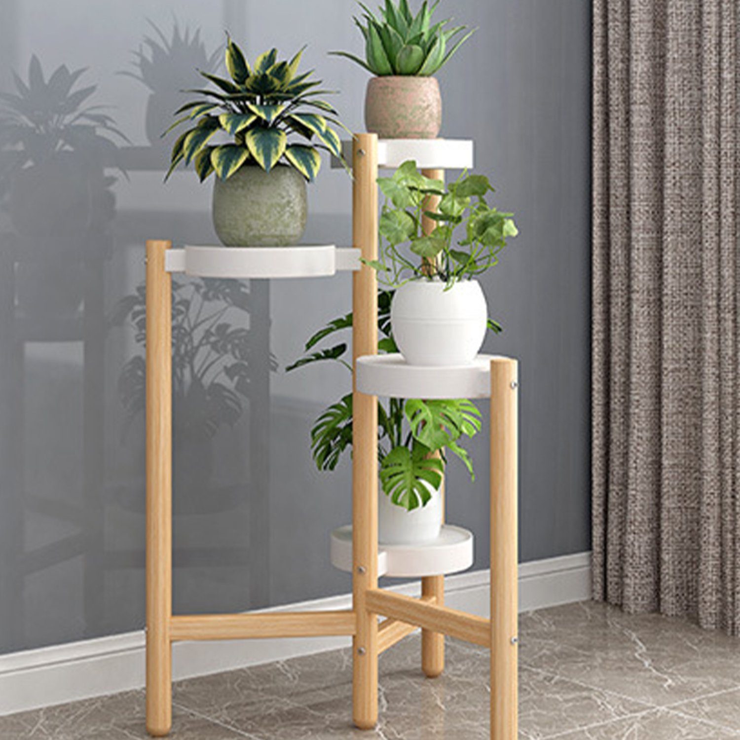 Kpaloft Blumenständer Holz 4 Ebenen Pflanzenregal rund, 78cm Höhe, 18 cm breite PP-Schale, Blumenhocker für den Garten, Wohnzimmer, Schlafzimmer, Terrasse