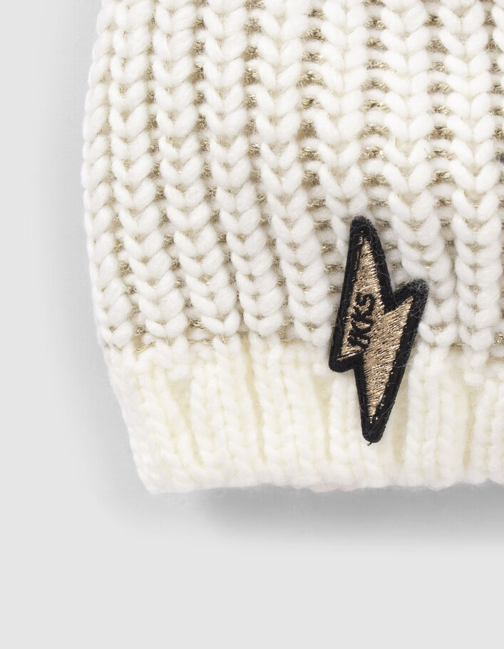 Bonnet écru tricot lurex doré badge éclair bébé fille