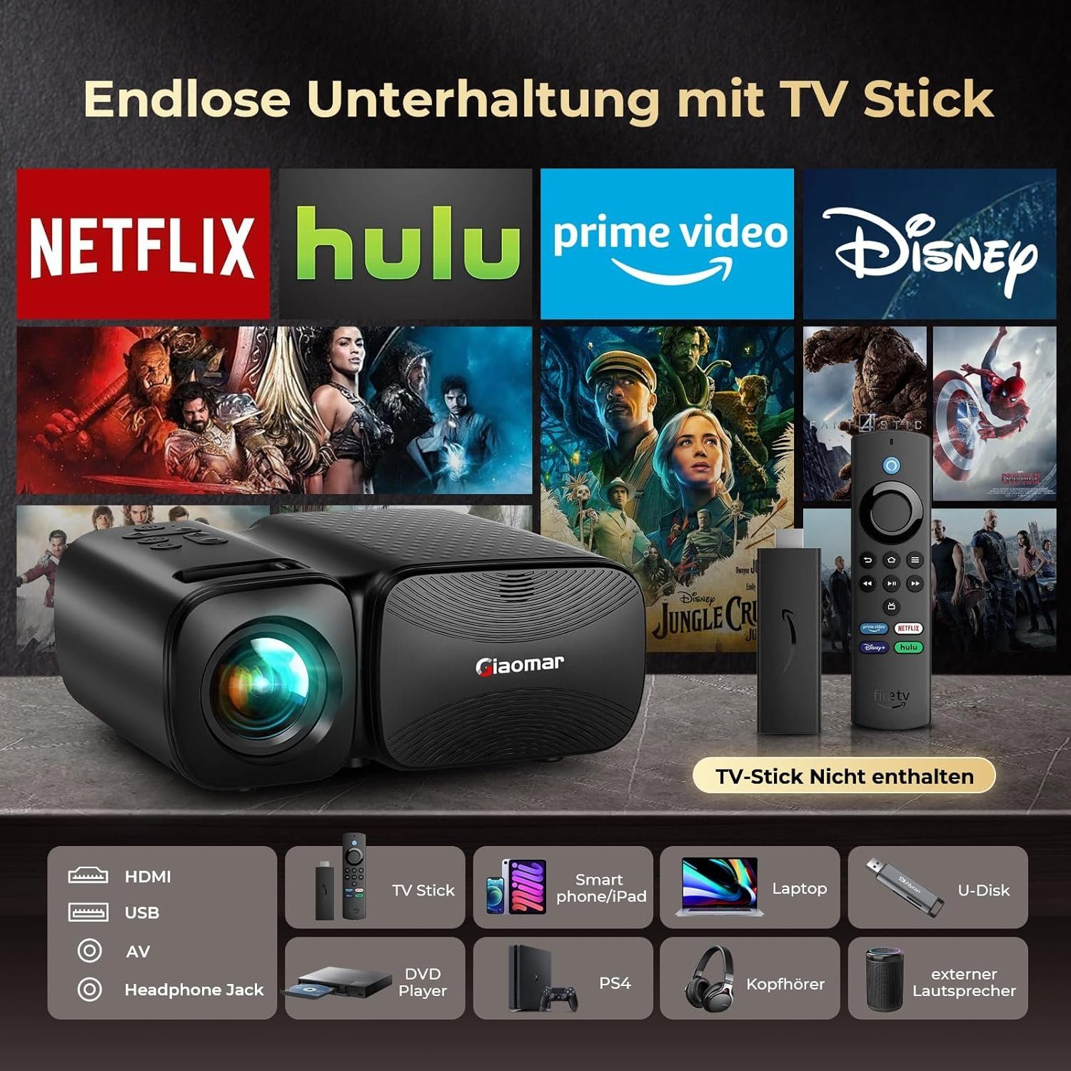 Vigpil Beamer (9000 lm, 8000:1, 1920 x 1080 px, LED Mini Beamer Bluetooth 250” Display, Klein Tragbarer Kurzdistanz)