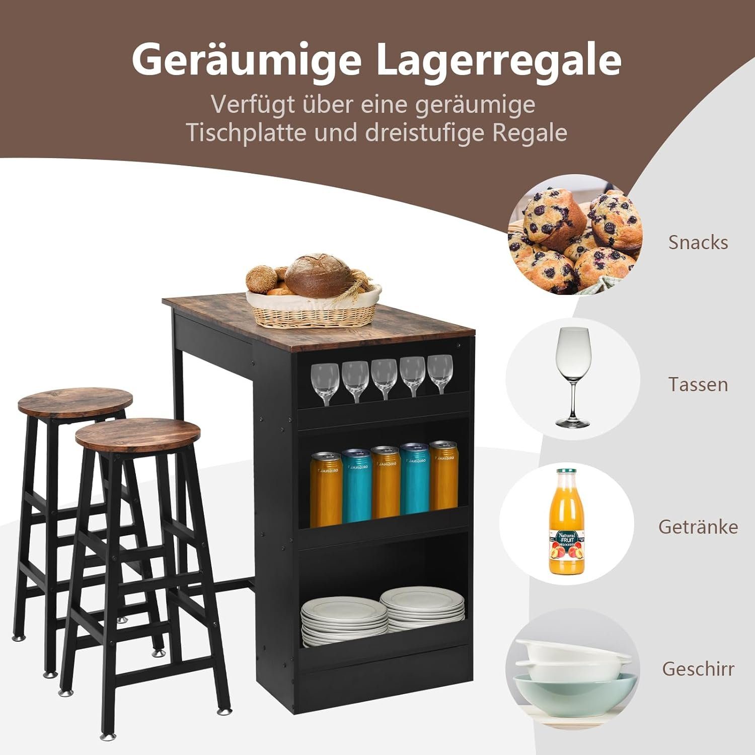 KOMFOTTEU Bartisch Thekentisch (Set 3-Teilig), mit 2 Barhockern & 3 Ablagen