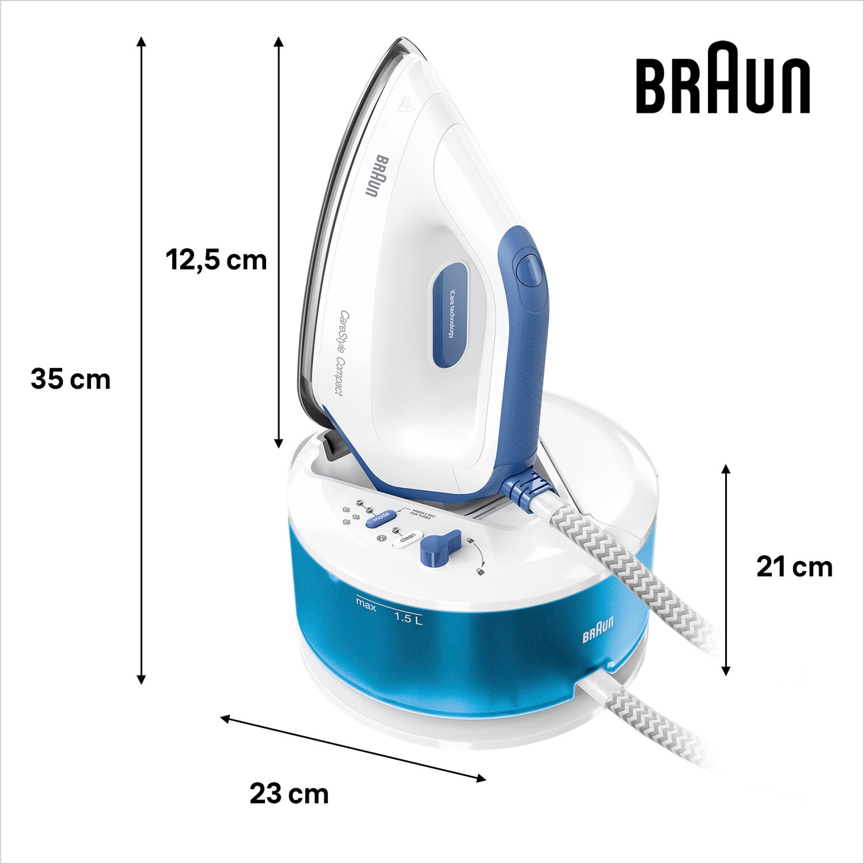 Braun Dampfbügelstation CareStyle Compact IS2143BL, 1500 ml Wassertank, blau, max. Dampfmenge 420g/min, Rückwärtsbügeln über Knöpfe