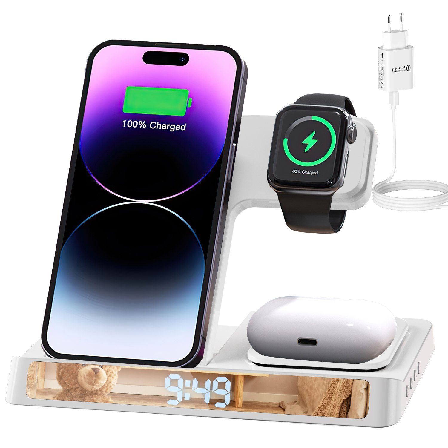 Yaviel Handy-Dockingstation Induktive Ladestation 4 in 1 Kabellose Ladegerät Wireless Charger, (für Apple iWatch iPhone Airpods Handy Charging Station, mit USB Kabel für iPhone 14 13 12Pro Mini Pro Max)