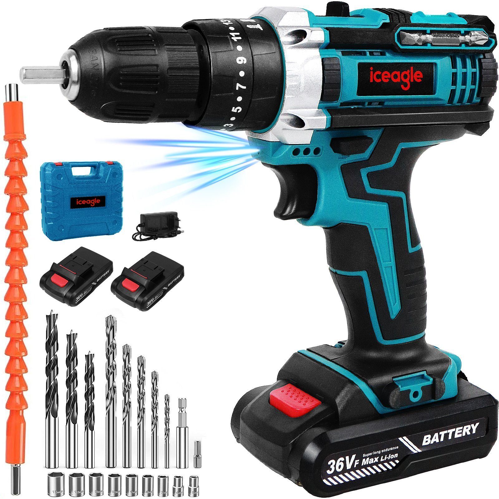 Aoucheni Akku-Bohrschrauber Akku-Schraubendreher Set, 21V Akku-Bohrschrauber mit 2 Akkus, max. 1350,00 U/min, Led Light, mit Akku Ladegerät und Werkzeugkoffer