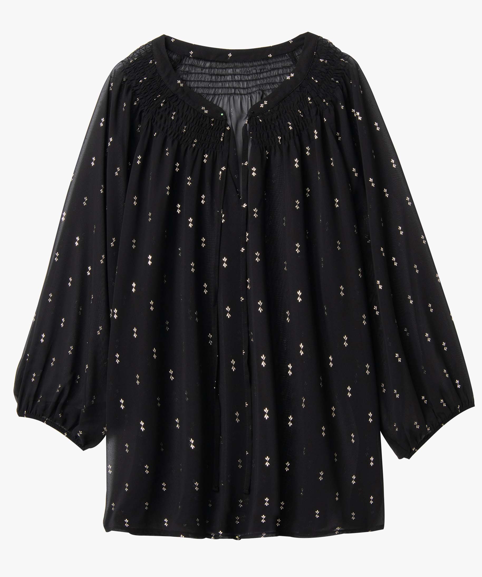 Blouse femme grande taille en voile imprimé brillant et smocks noir | GEMO
