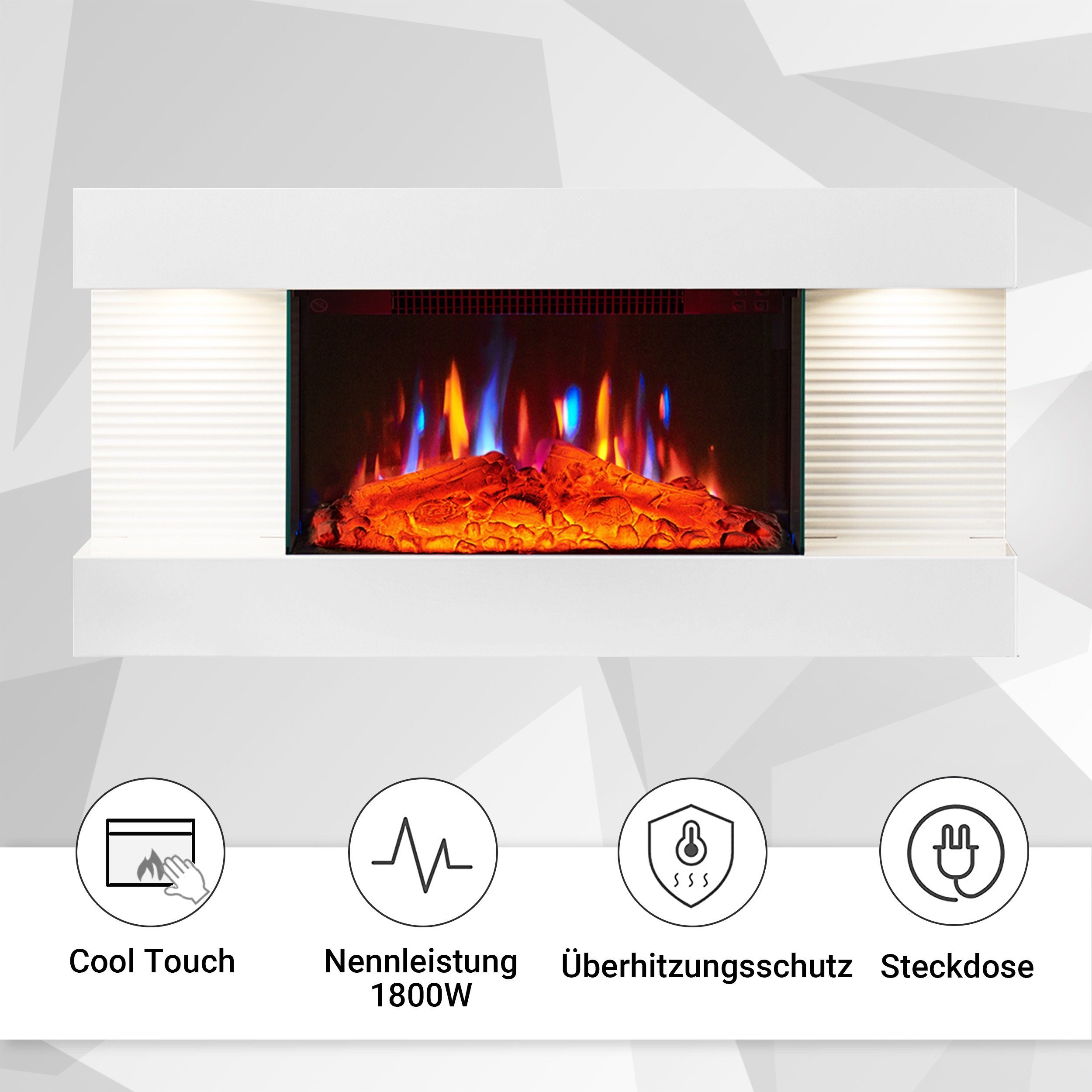 Balderia Elektrokamin Ida, Wandkamin mit Heizung 1800W, 3D Flammeneffekt, Fernbedienung, Timer, Thermostat