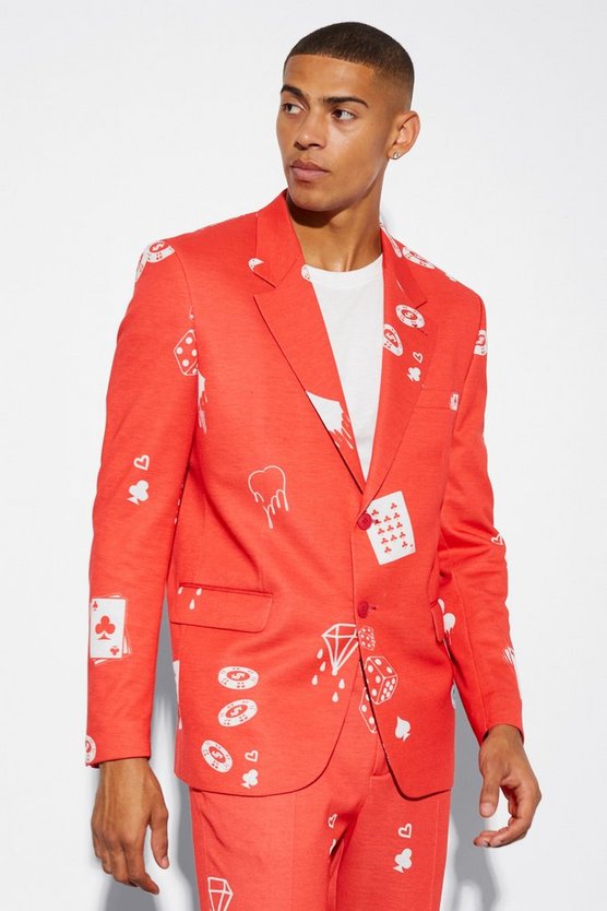 Kastige Oversize Anzugjacke mit Karten-Print