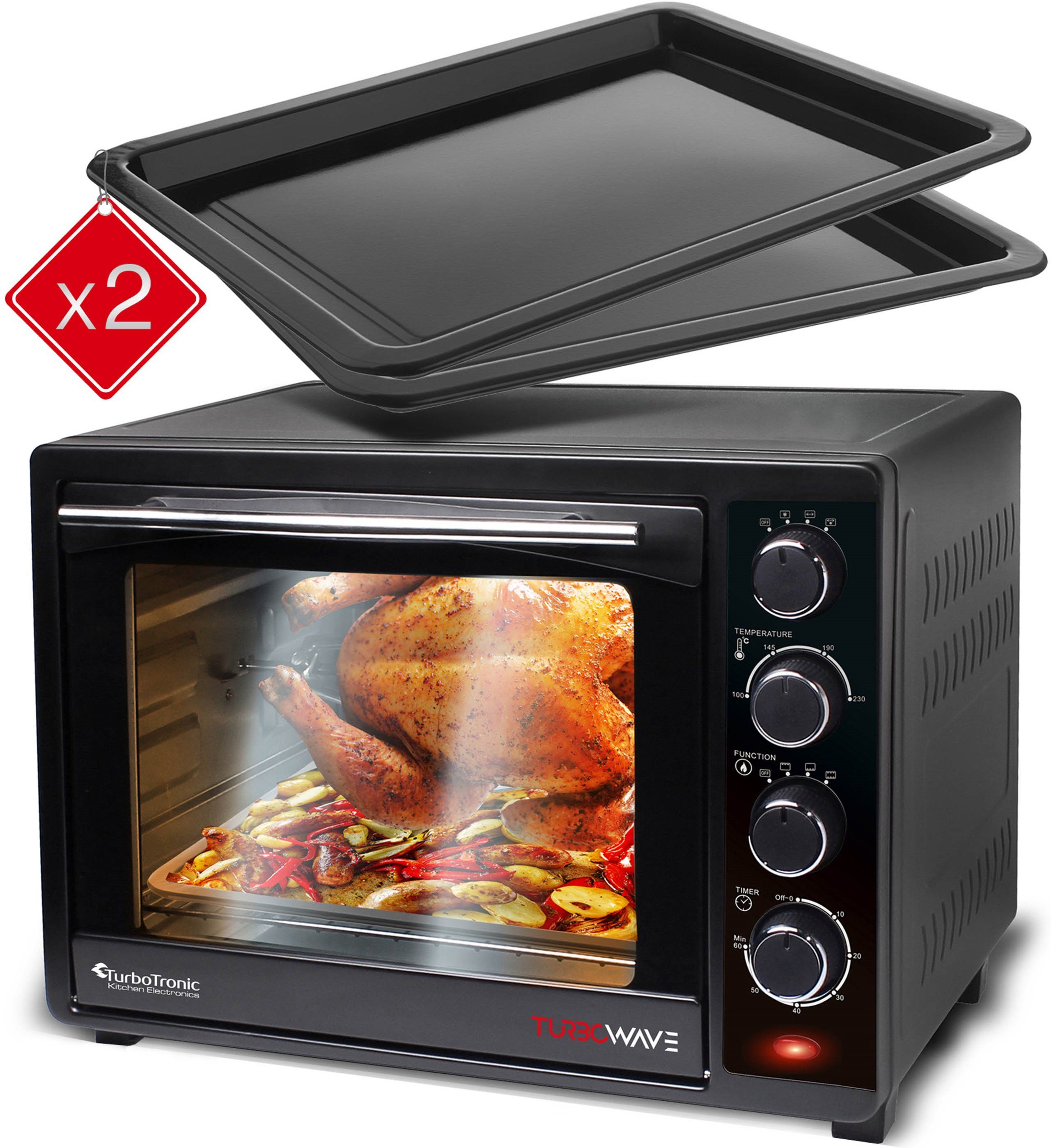 TurboTronic by Z-Line Minibackofen 35 Liter Schwarz, inkl. 1x Grillrost & 2x Backblech 1600W Camping, Pizzaofen 100-230°C Tischbackofen, mit Drehspieß