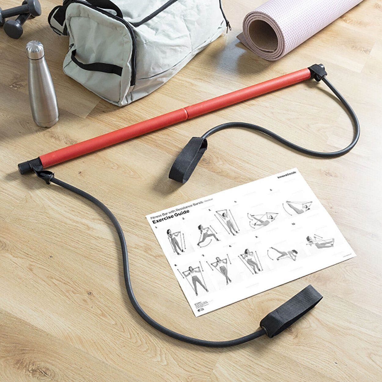 InnovaGoods Trainingsstation TRAININGSSTANGE MIT GUMMIBÄNDERN UND ÜBUNGSANLEITUNG, bis zu 31,75kg Widerstandstärke