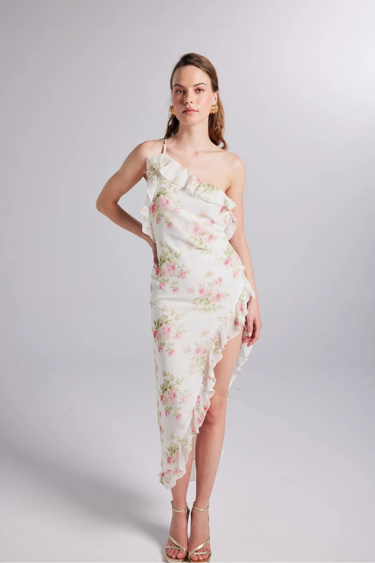 HOLLY LOLLY  One-Shoulder-Rüschendetailliertes Chiffon-Amourous-Kleid Ecru