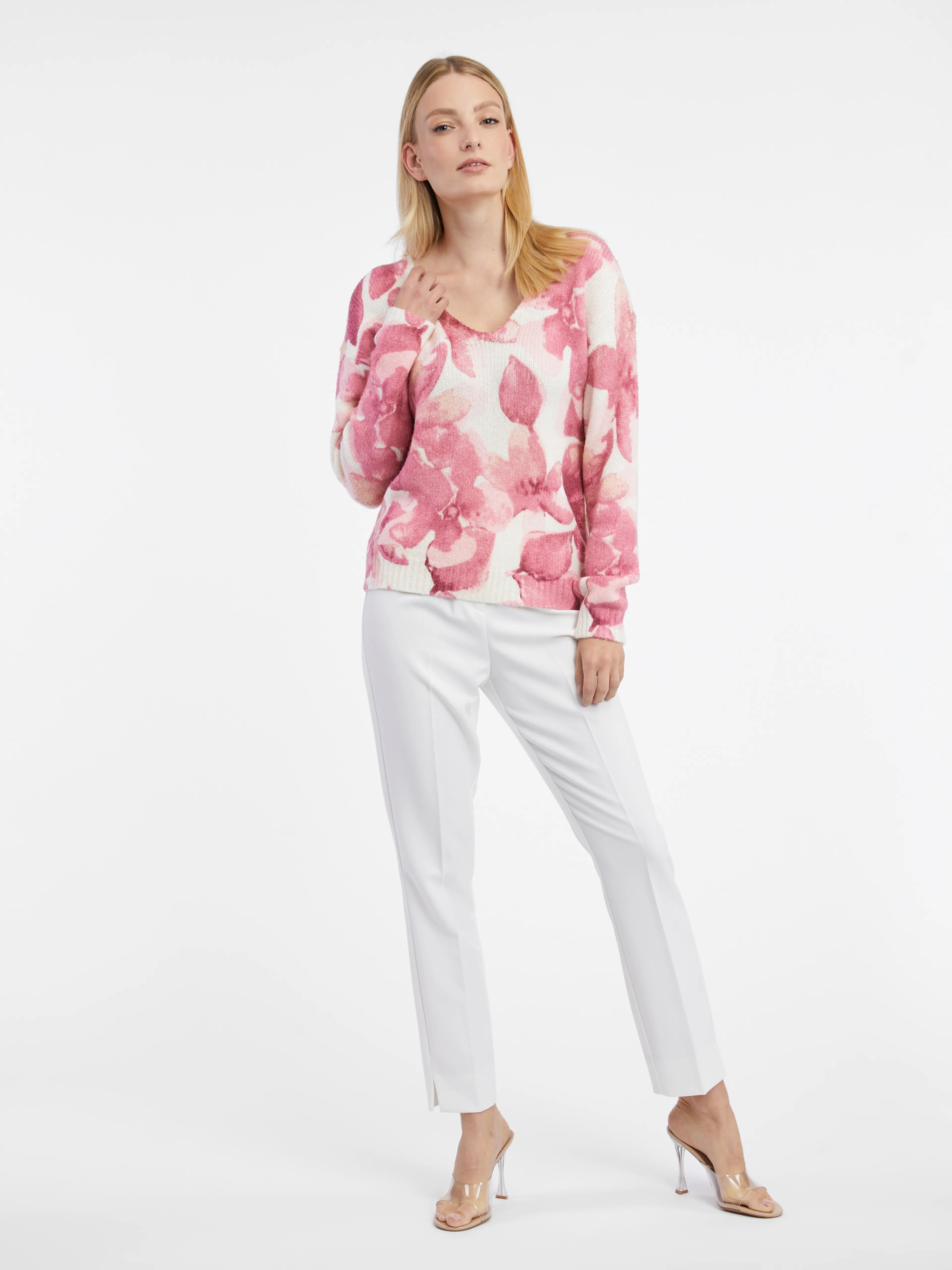 Rosa und weißer Damenpullover mit Blumenmuster ORSAY