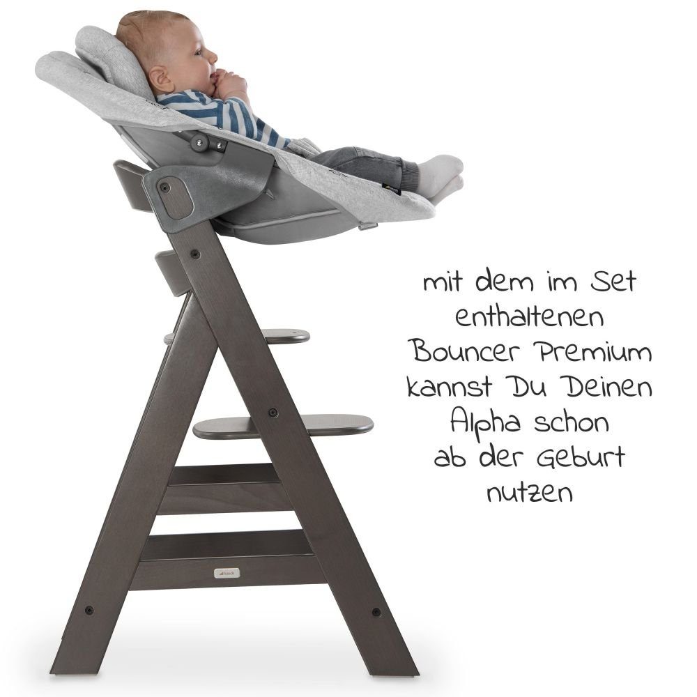 Hauck Hochstuhl Alpha Charcoal Select (Set, 4 St), Holz Babystuhl ab Geburt inkl. Aufsatz für Neugeborene & Sitzauflage