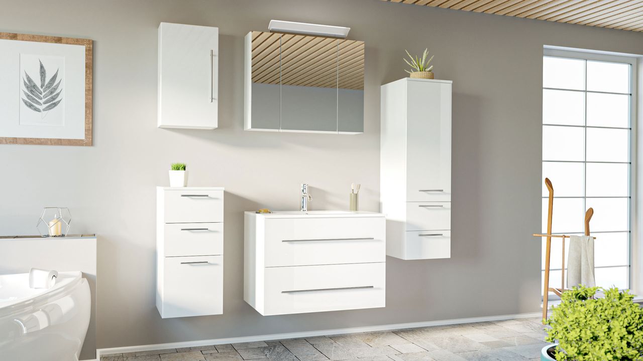 Posseik Badmöbel-Set HOMELINE 80 cm (5-teilig) weiß hochglanz EEK: F
