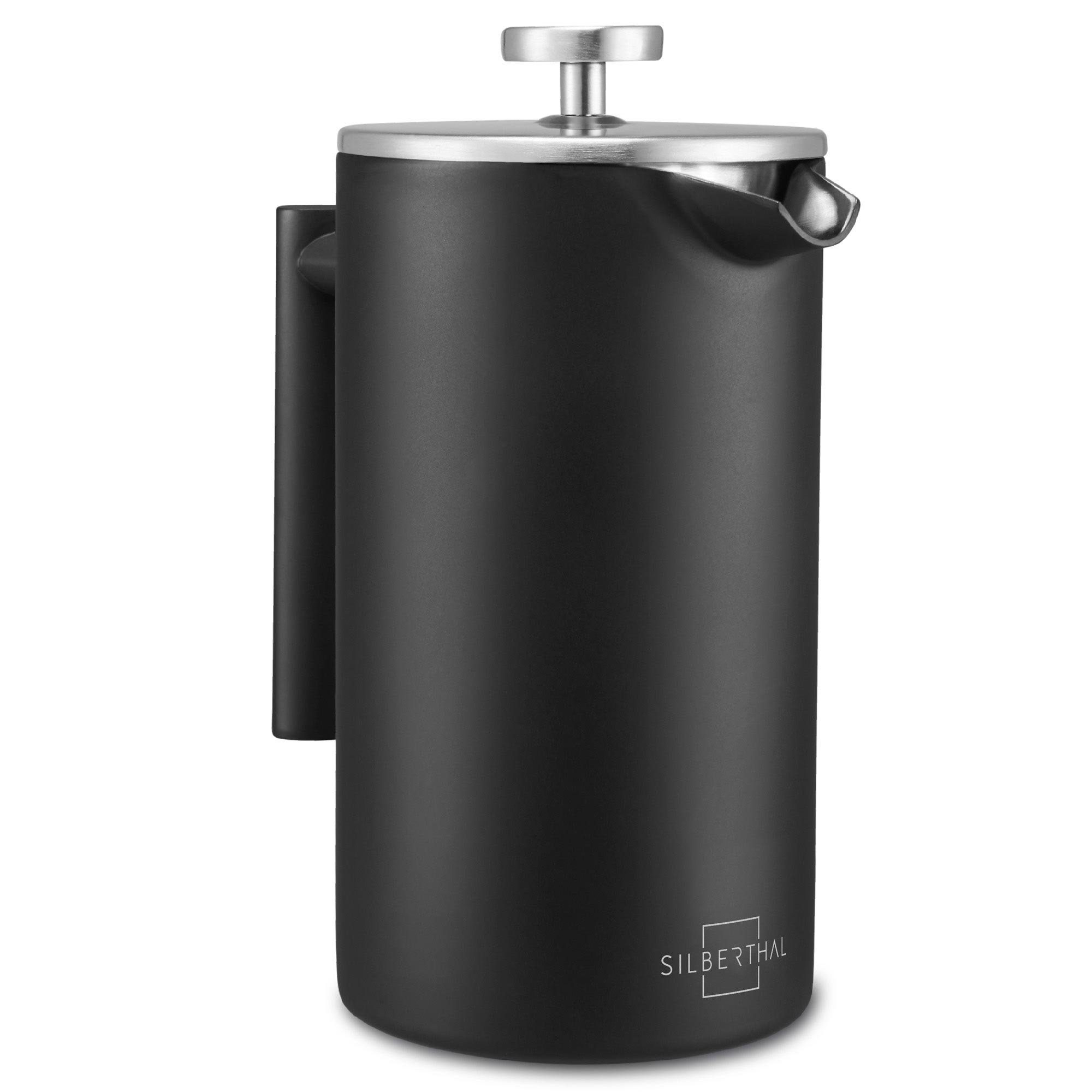 SILBERTHAL French Press Kanne Kaffeepresse Schwarz, 1l Kaffeekanne, Doppelfilter, hält 1h warm, 100 % Edelstahl, kein Strom verbrauch