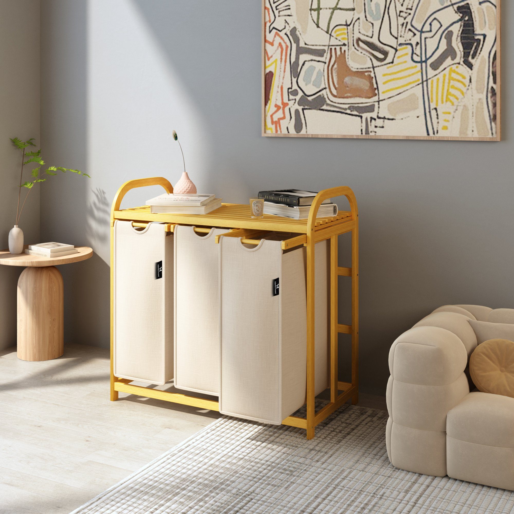 AdelDream Wäschekorb Wäschekörbe mit Bambusrahmen, 150 l, 3 Fächer