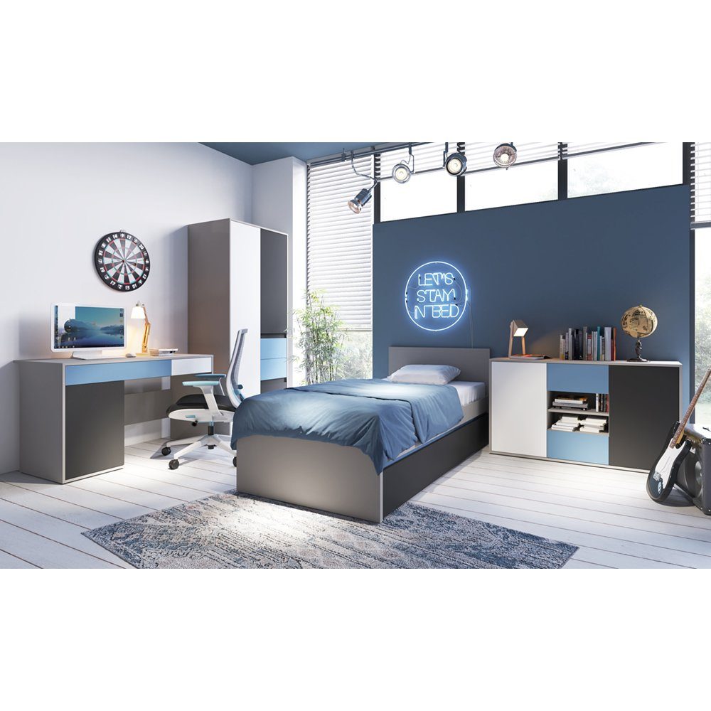 Lomadox Jugendzimmer-Set LIIVA-129, (Sparset, 5-tlg), Grau Platin, Perlschwarz, Alpinweiß, Himmelblau, Liegefläche 90x200 cm