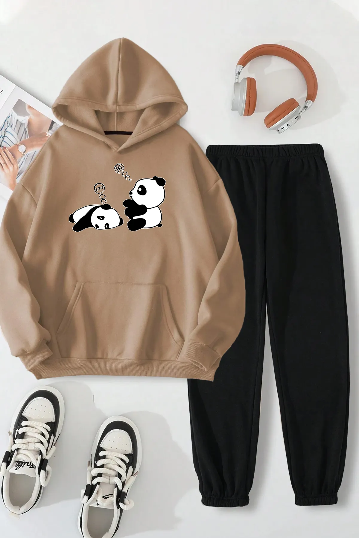 uyguntarz  Bequemes Trainingsanzug-Set mit Sleepy Panda-Aufdruck für Unisex