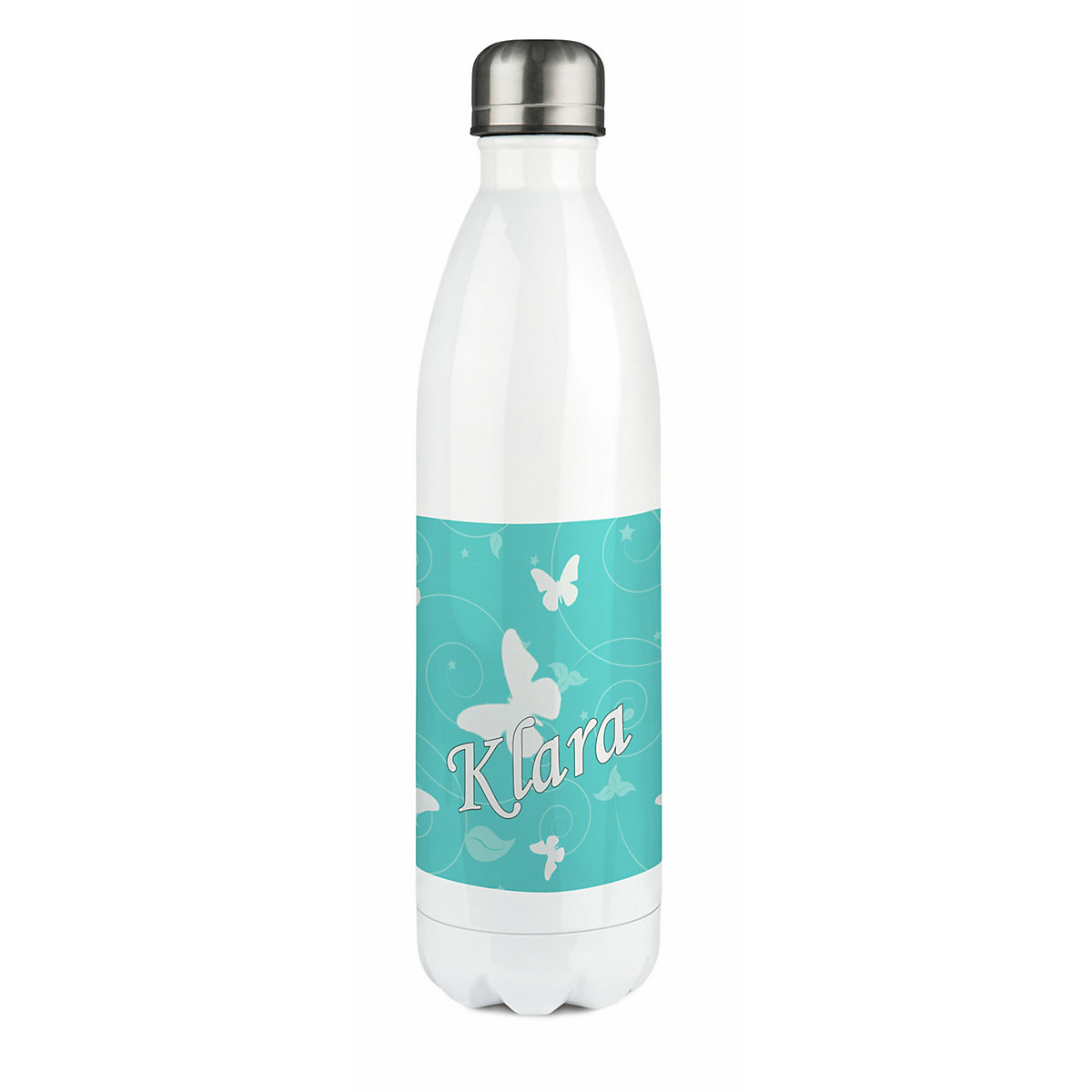 Edelstahl Kinder Thermoflasche / Trinkflasche bunt Schmetterling Ornamente Farbe türkis Spülmaschinenfest, Auslaufsicher, Bruchfest, Doppelwandig, Für Heißgetränke geeignet, Mit Deckel, Isoliert