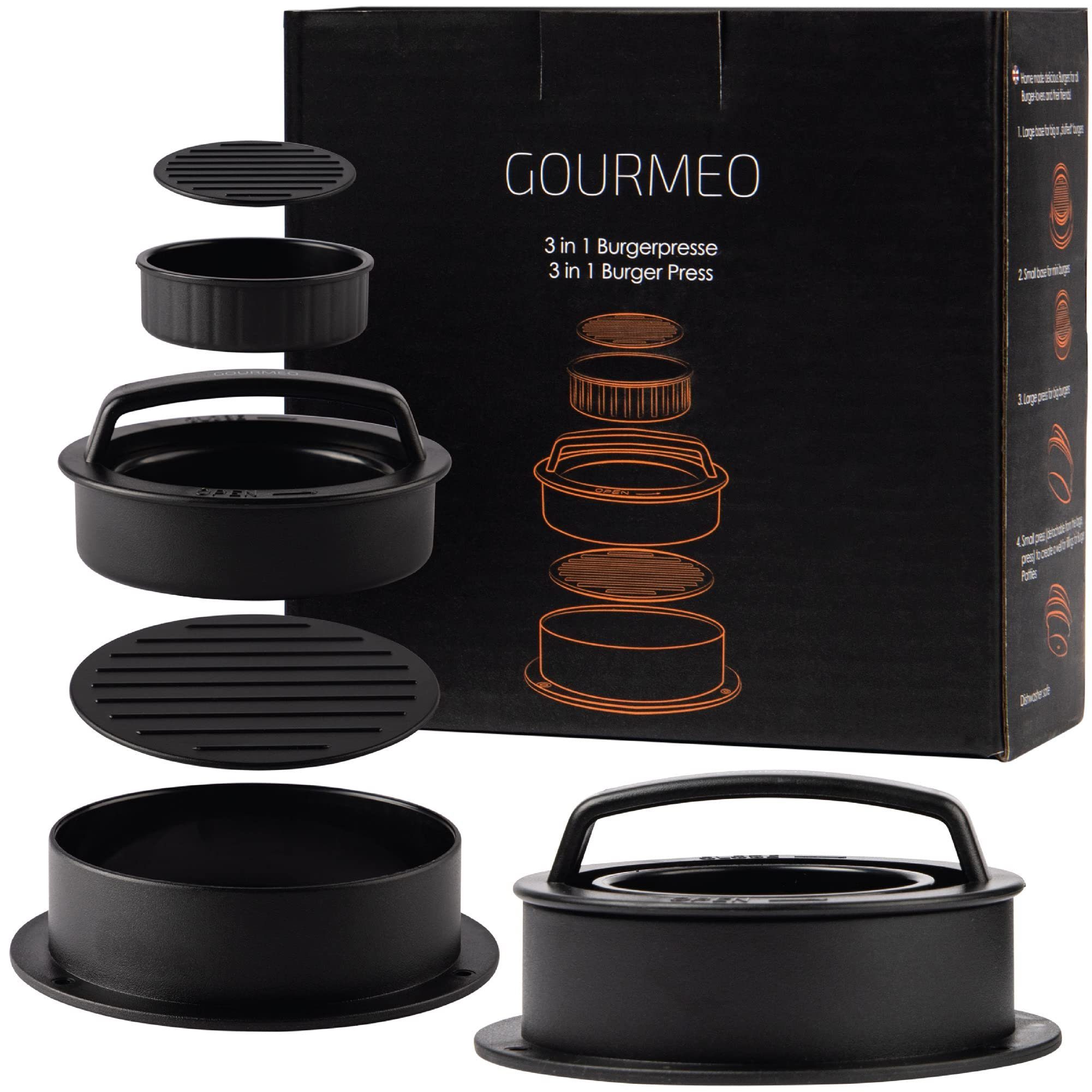 GOURMEO Burgerpresse 3-in-1 Burgerpresse mit Antihaftpapier für runde Patties, Kunststoff, 3-in-1 Burgerpresse mit Antihaftbeschichtung