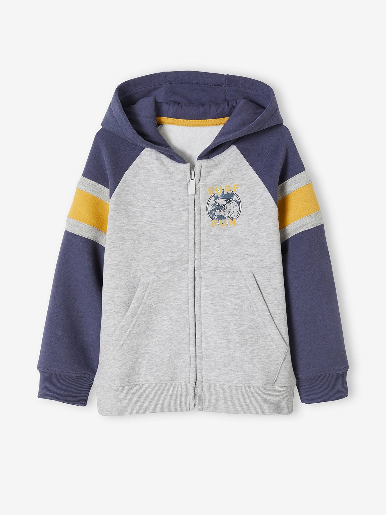Sweat zippé à capuche grand motif dos garçon gris clair chiné