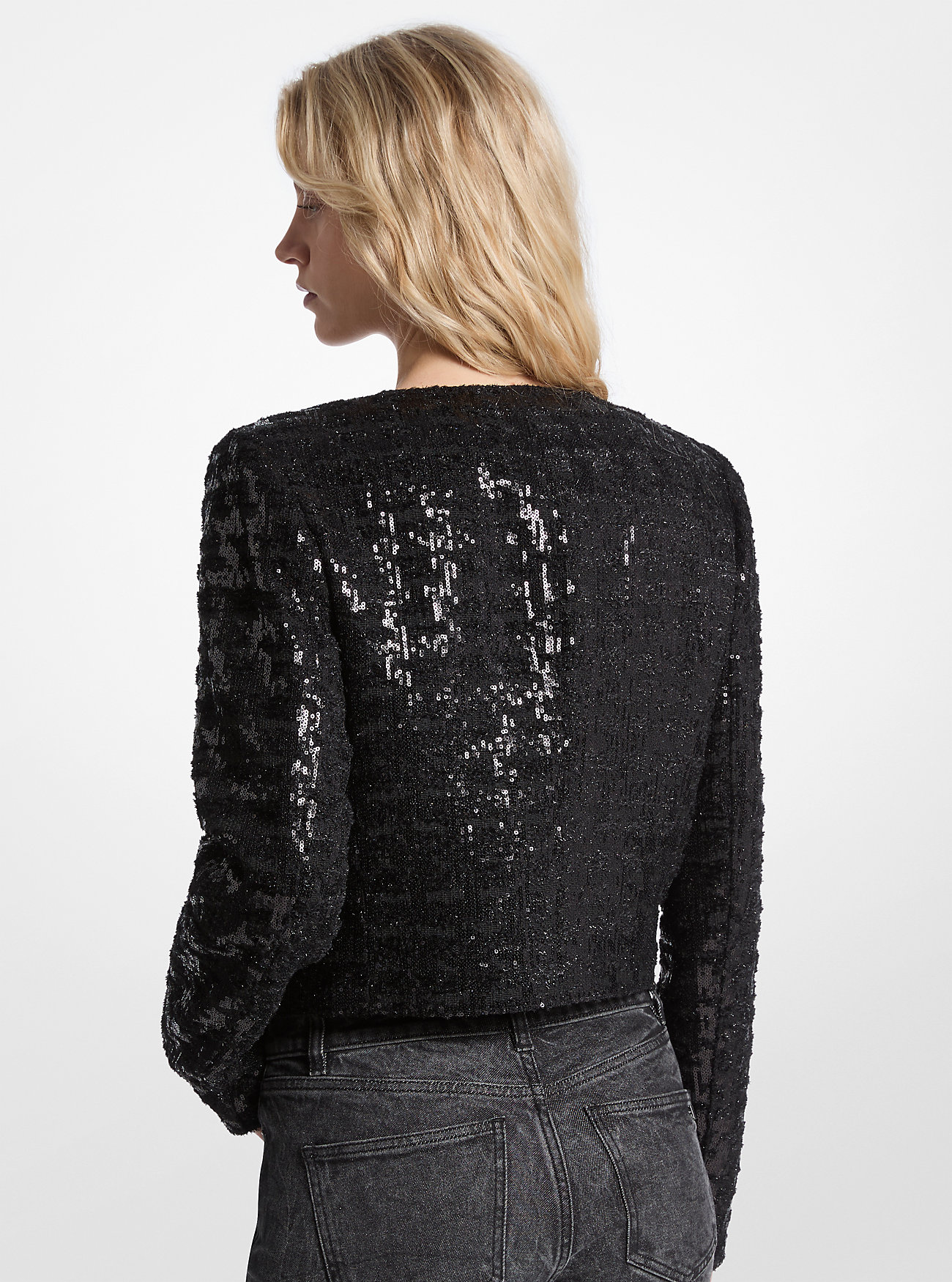 Paljettbesatt tweed-cropped jakke - SVART