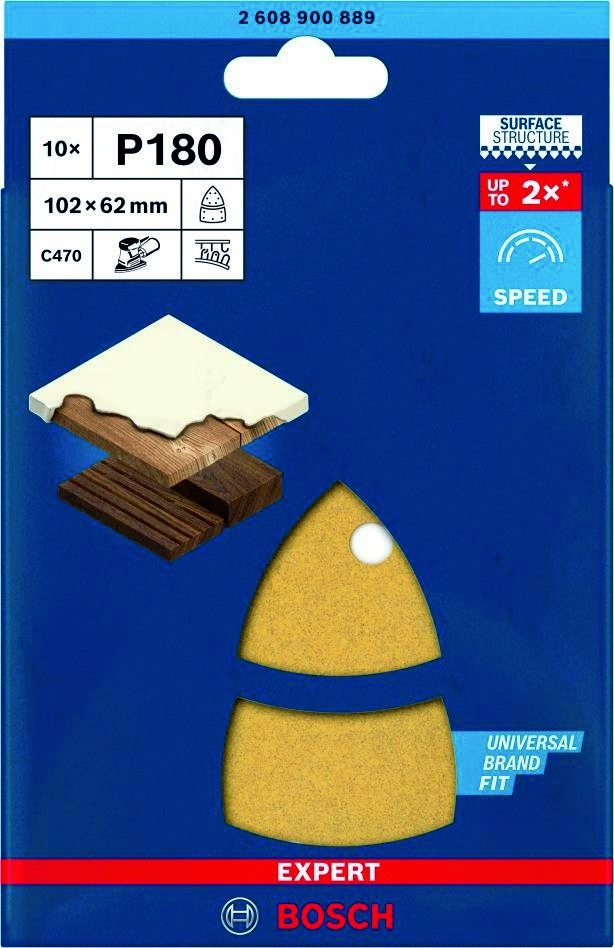 Bosch Blue Zubehör 2608900889 Expert C470 Schleifpapier mit 11 Löchern für Multischleifer 102 x 62 mm, 93 mm, K180 10 Stück