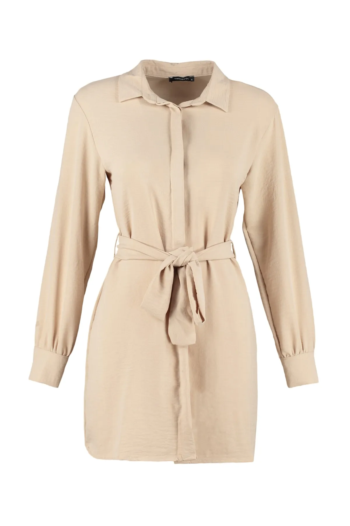Trendyol Modest  Gewebtes Hemd mit Gürtel und versteckter Knopfleiste in Stein TCTSS21TN0049
