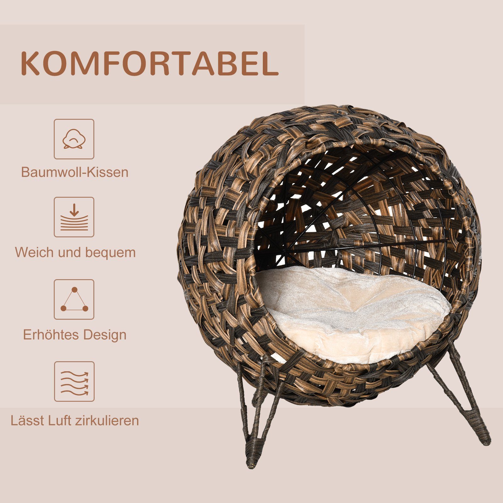PawHut Tierhaus Katzenhaus aus Rattan mit Kissen Katzenhöhle mit erhöhten Füßen, Braun, Ø52 x H58 cm