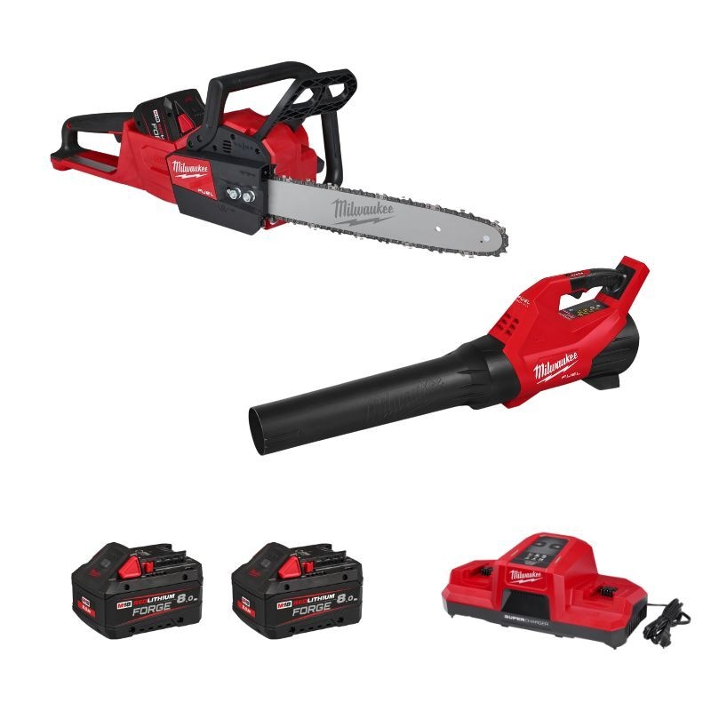 Milwaukee 4933500228 M18 Combipack akumulátorová reťazová píla a fúkač lístia 2x 18V 8,0Ah batéria a nabíjačka