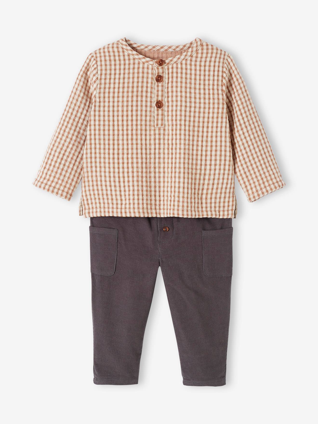 Vertbaudet Baby-Set: Karohemd & Cordhose - braun kariert