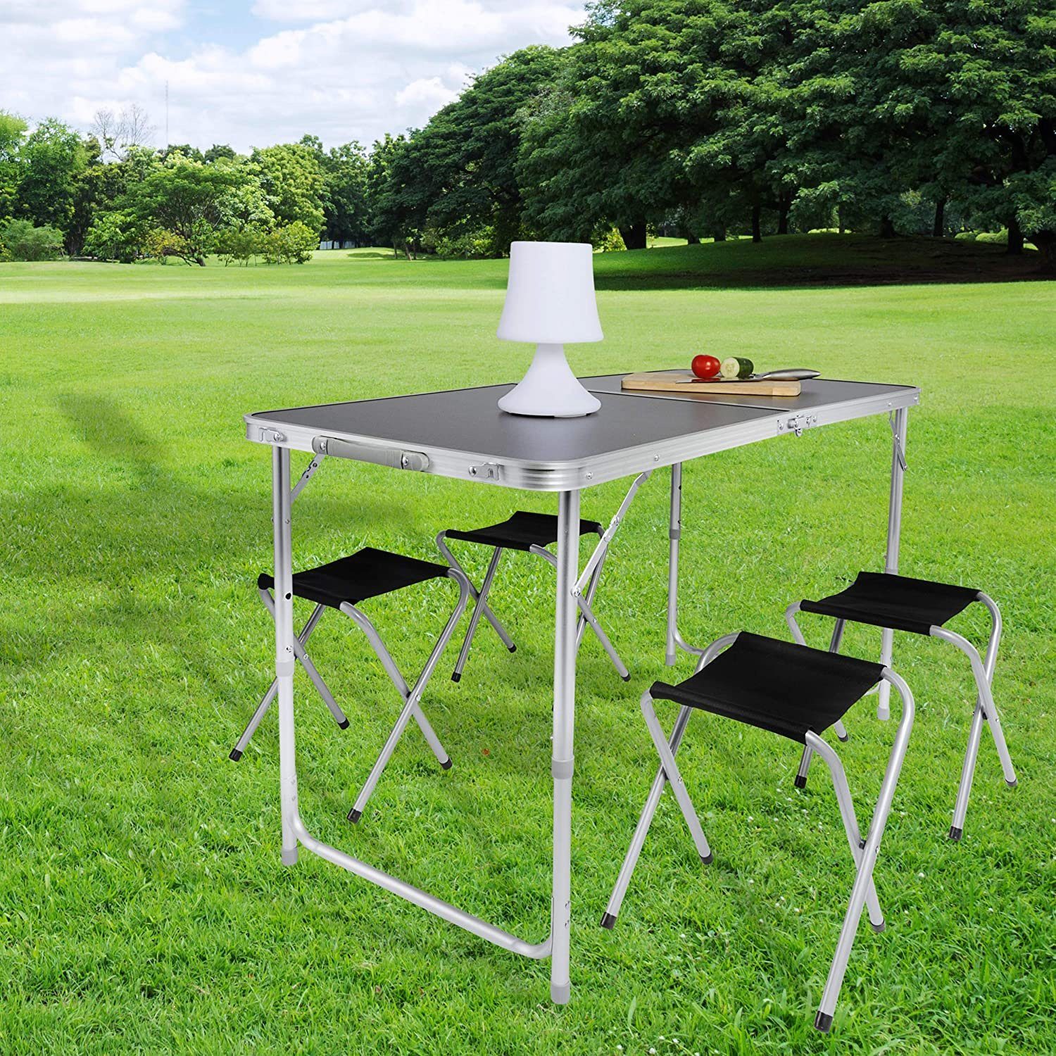 Goods+Gadgets Klapptisch Klappbarer Campingtisch (Mehrzwecktisch, Campingtisch Markttisch), Multifunktionstisch mit 4 Stühlen - Schwarz