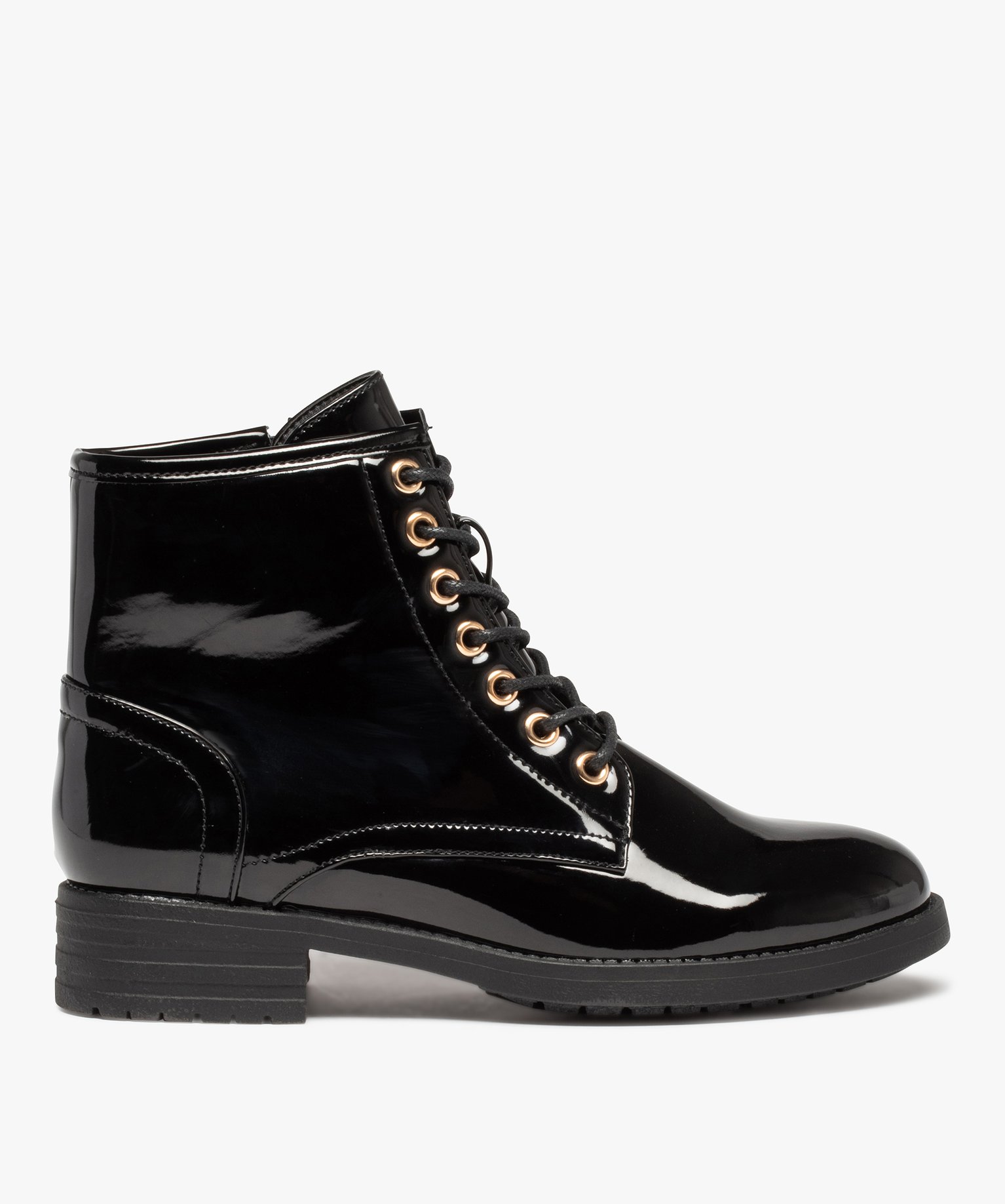 Boots femme à lacets dessus uni et verni à talon large noir | GEMO