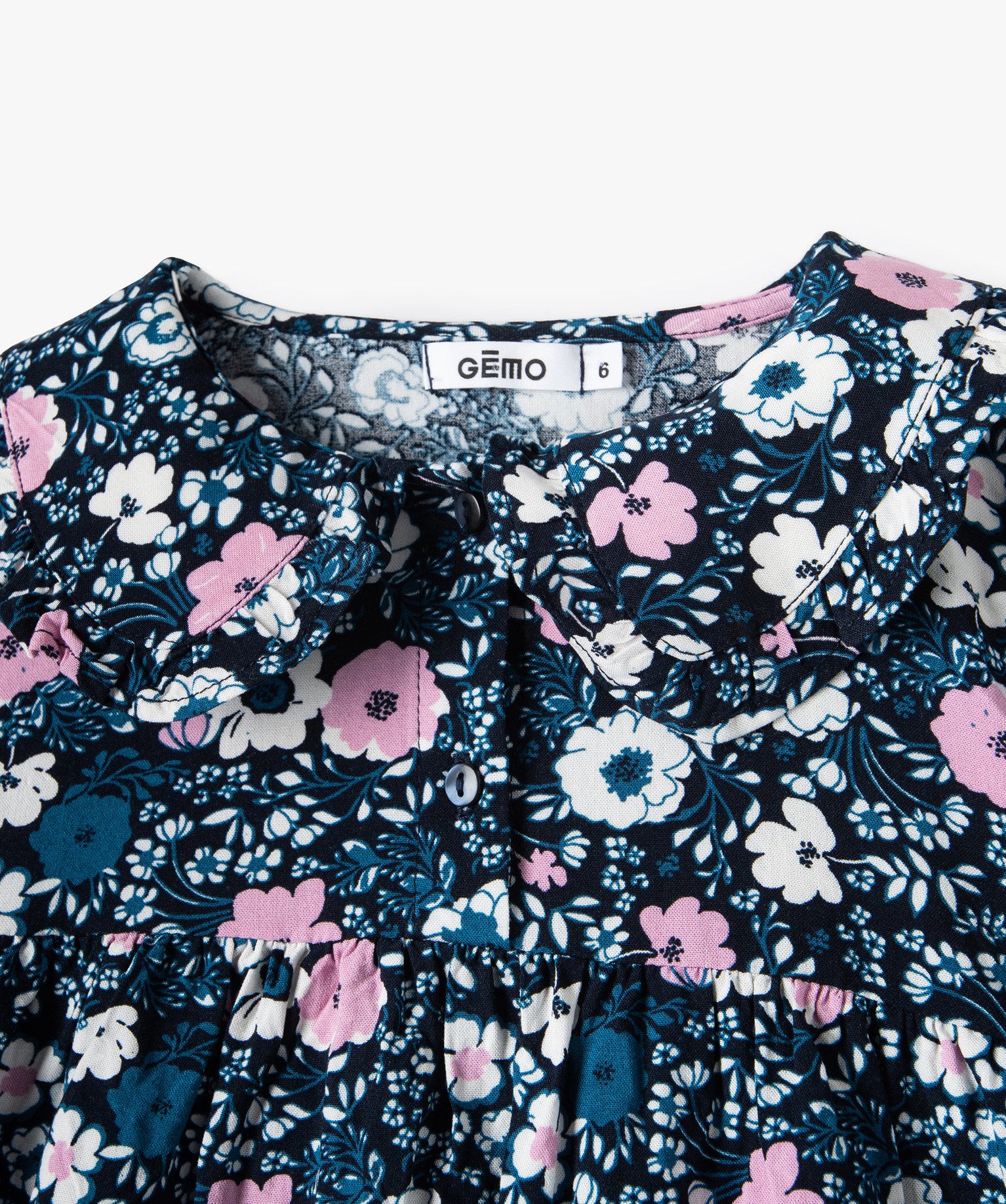 Robe fille fleurie à manches longues et grand col marine | GEMO