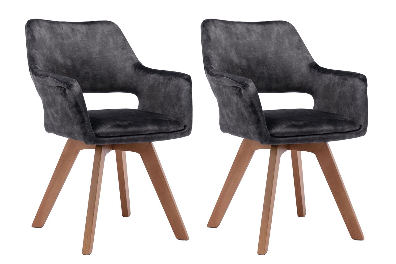 byLiving KLARA Stuhl, 2er Set, Massivholz Eiche-Optik, Vintage Samtbezug anthrazit