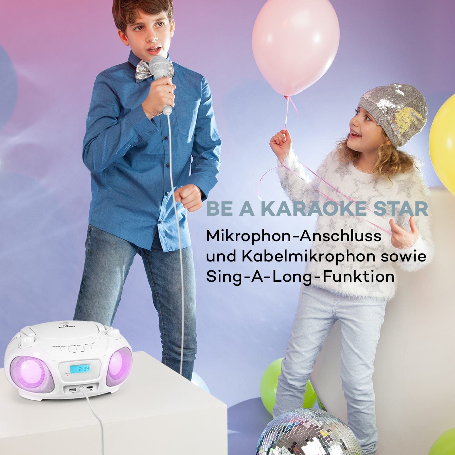 Auna Roadie Sing CD Boombox Stereoanlage (FM-Radio, Kinder CD Player tragbar Musikbox Bluetooth CD Spieler Radio Soundbox)