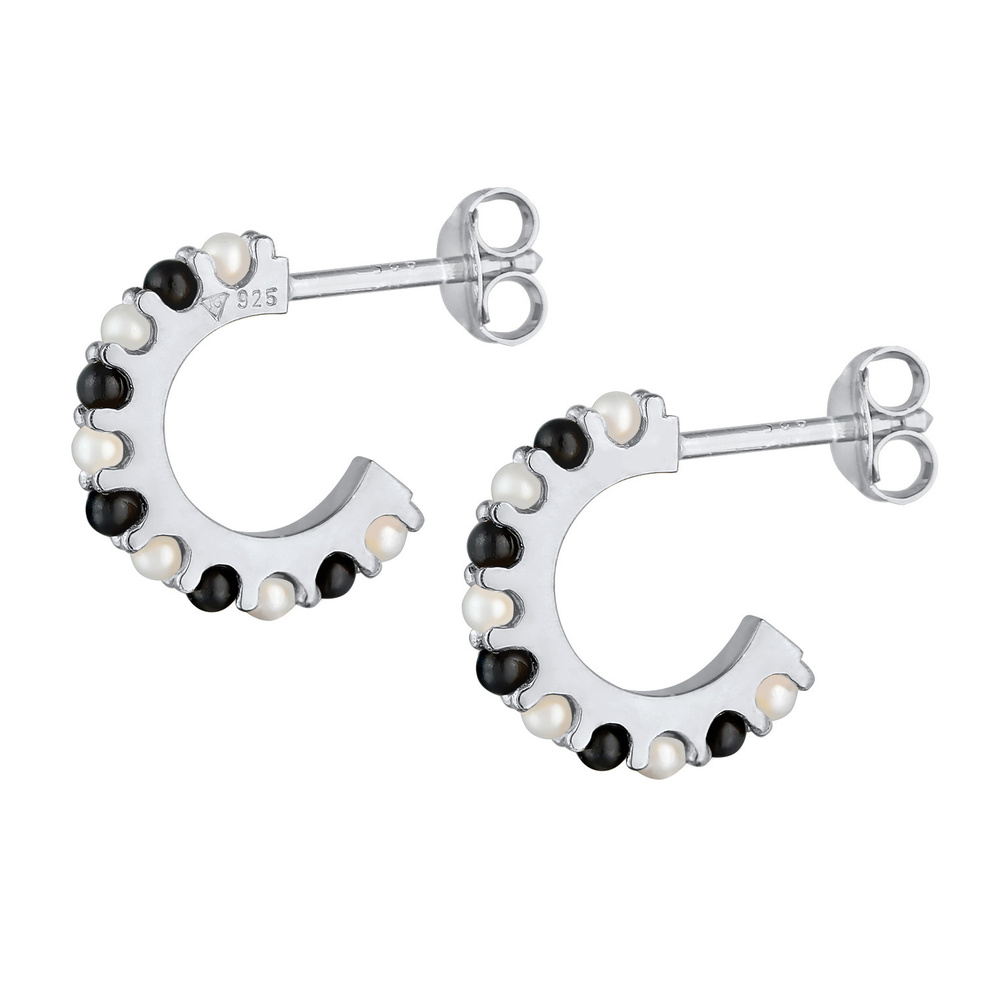 Elli Elli Boucles d'Oreilles Créoles Femme Perle Noir-Blanc Classique en argent sterli Boucles d'oreilles