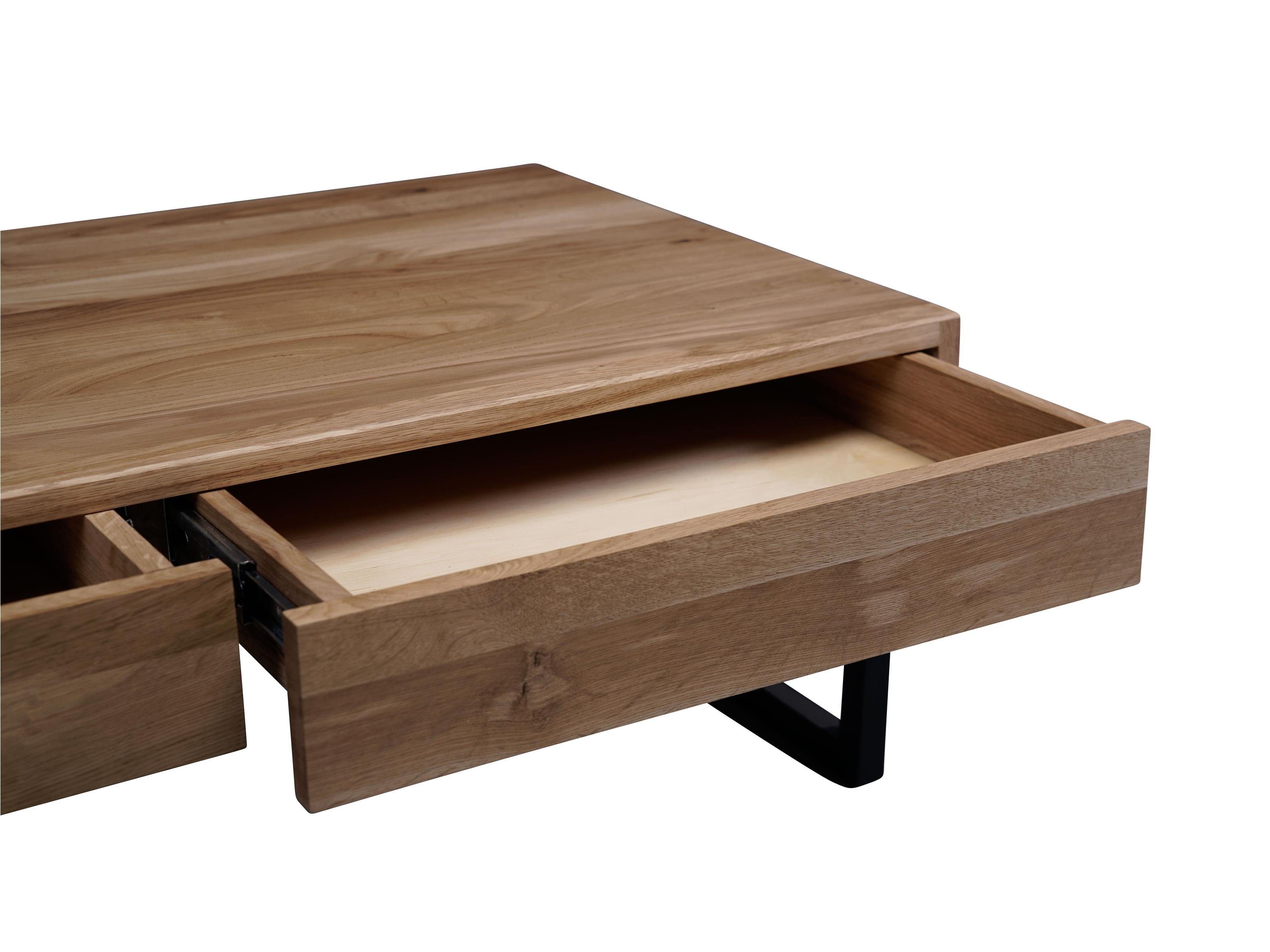 möbelando Couchtisch Livvyy, Moderner Couchtisch, Tischplatte aus Massivholz in Wildeiche geölt, Gestell aus Metall in Schwarz mit 2 Schubkästen. Breite 110 cm, Höhe 35 cm, Tiefe 60 cm