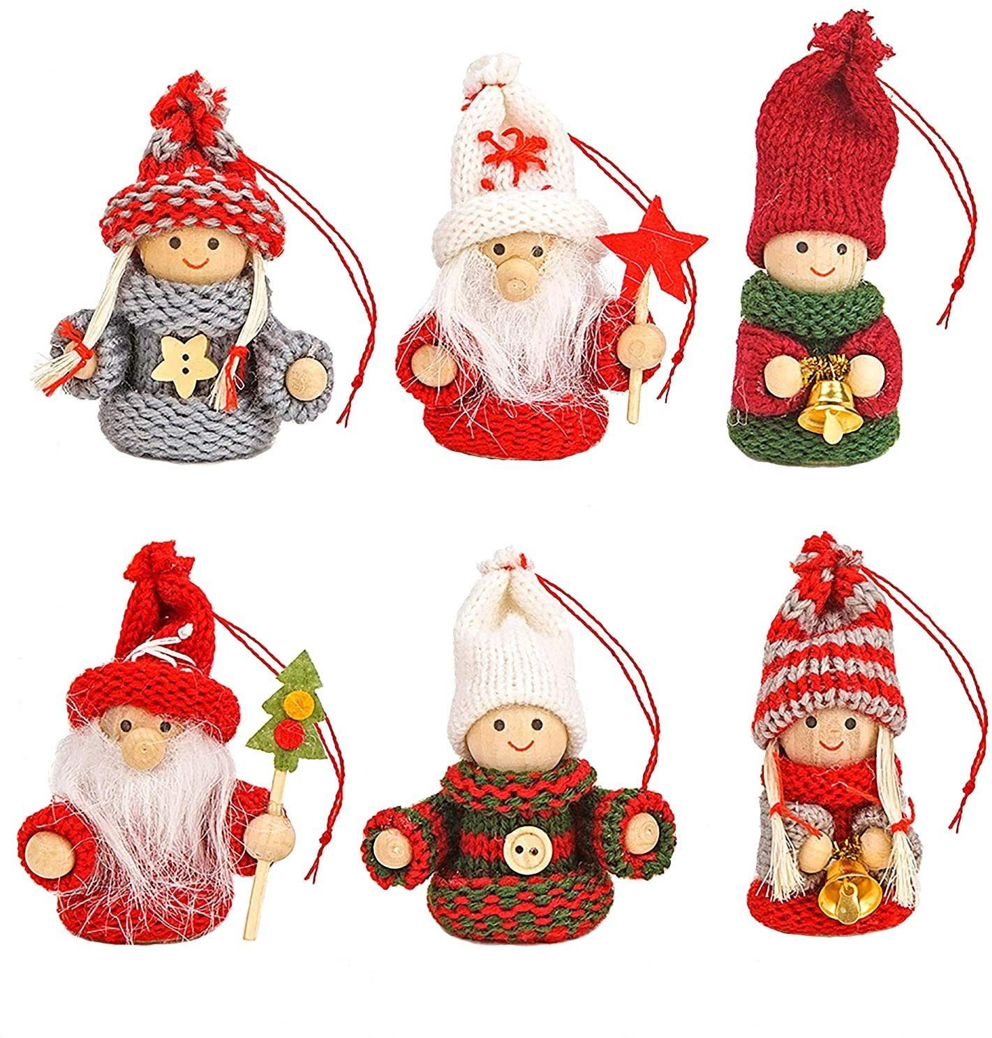 BRUBAKER Christbaumschmuck Weihnachtswichtel Set, Winterkinder (6-tlg), Weihnachtsanhänger aus Holz und Strick, 8 cm hoch, Baumschmuck in Geschenkbox, Baumanhänger Weihnachten