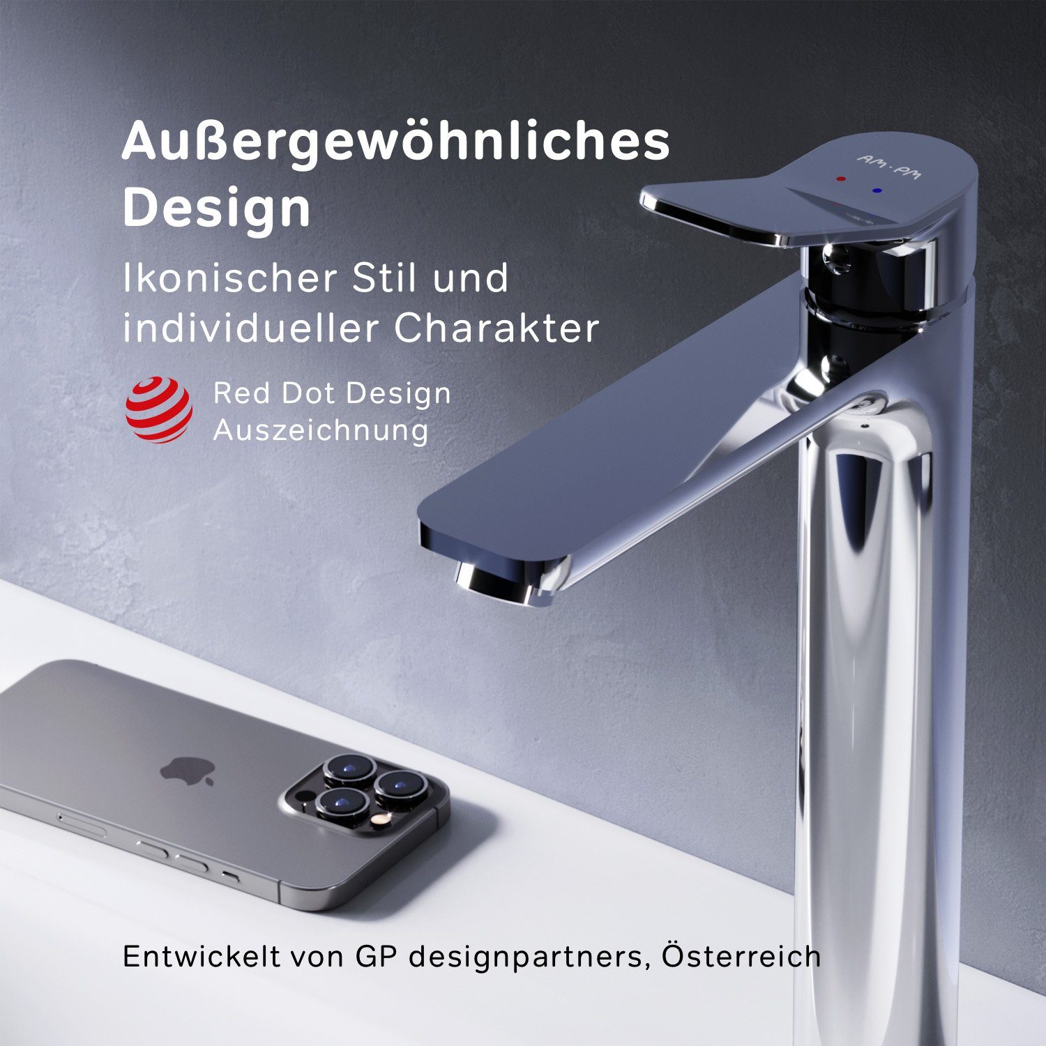 AM.PM Waschtischarmatur Waschbeckenarmatur X joy Waschbecken Wasserhahn Bad (mit hohem Auslauf, inkl. Klick-Ablaufgarnitur) Waschtisch Mischbatterie Badezimmer Badarmatur