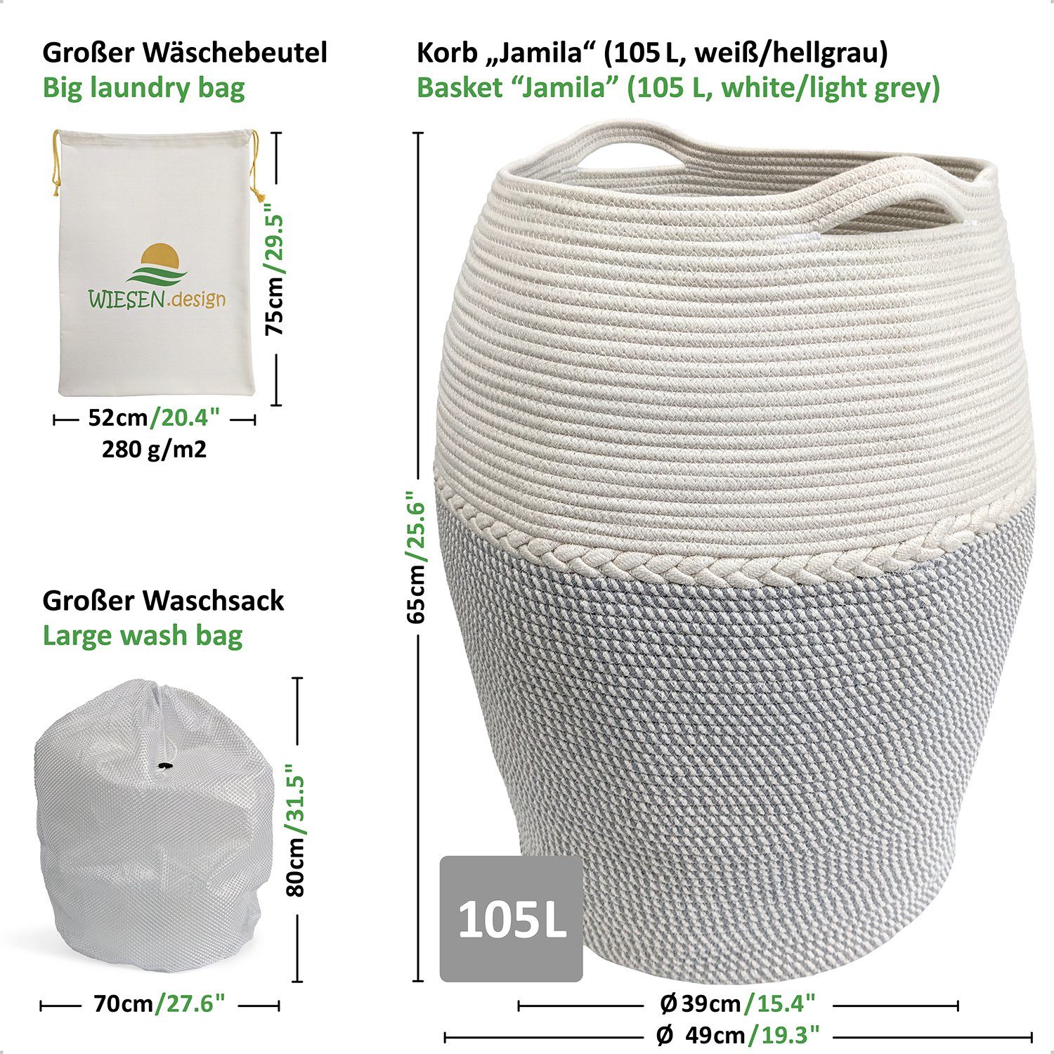 WIESEN.design Wäschekorb Jamila Ø46/39xH65cm 105L, 100% Baumwolle, Aufbewahrung geflochten, inkl. großem Waschsack und schwerem Wäschesack, gratis Versand