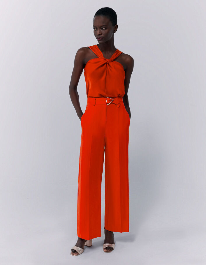 Top asymétrique à encolure nouée orange femme