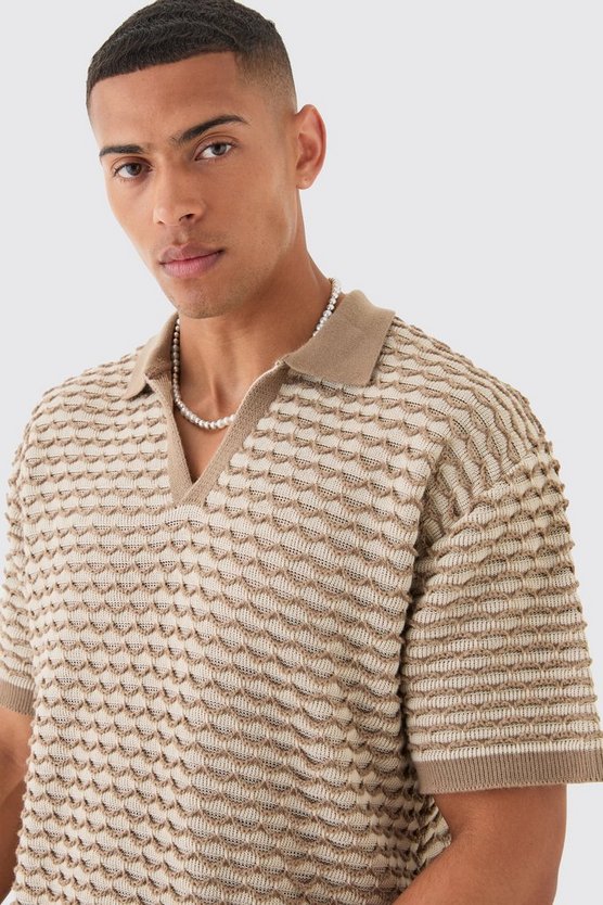 Kastiges strukturiertes Oversize Strick-Poloshirt mit Streifen