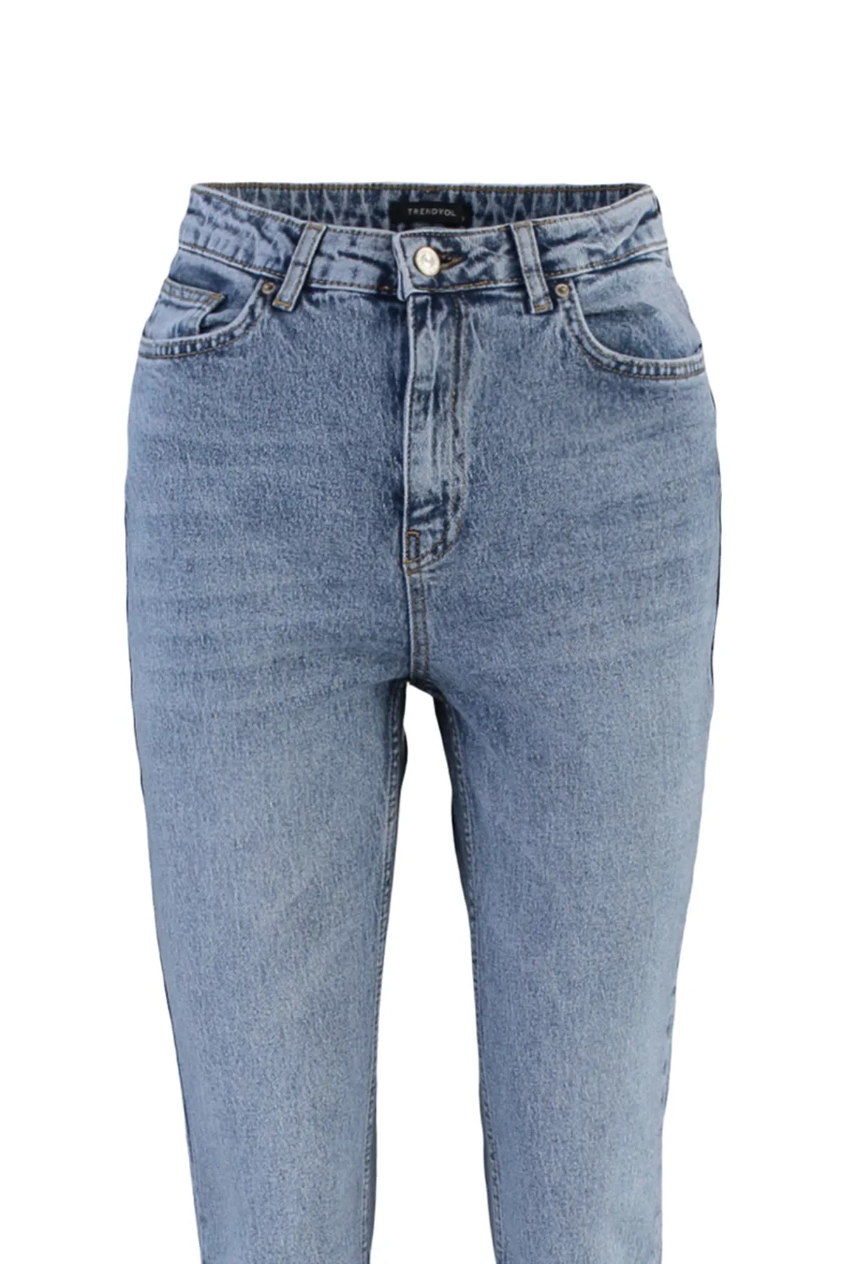 Trendyol Collection  Blaue Jeans mit Schlitz und hoher Taille, gerader Schnitt, TWOSS22JE0430
