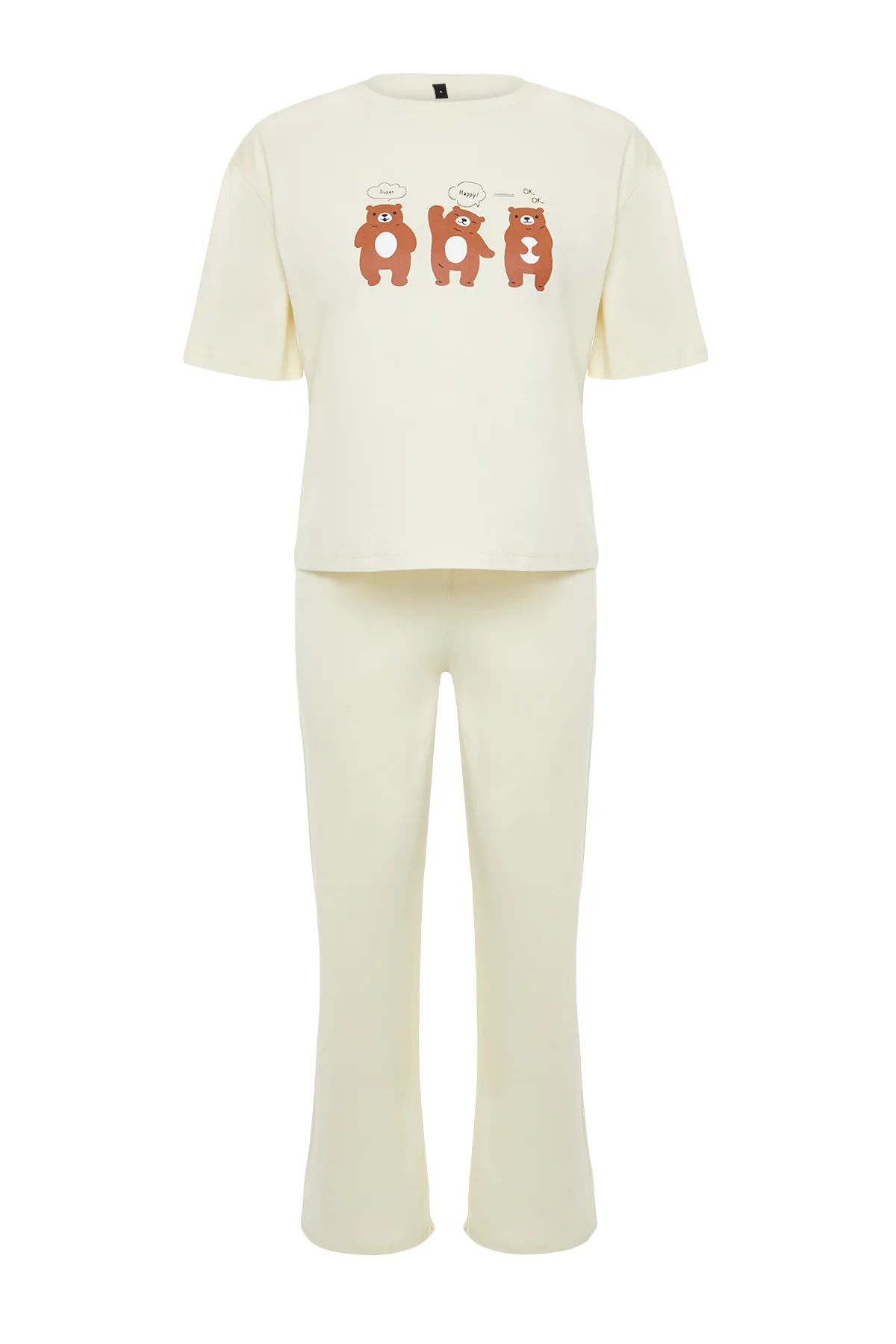 Trendyol Collection  Beige gestricktes Pyjama-Set mit T-Shirt und Hose aus 100 % Baumwolle mit Teddybär-Aufdruck THMSS23PT00134